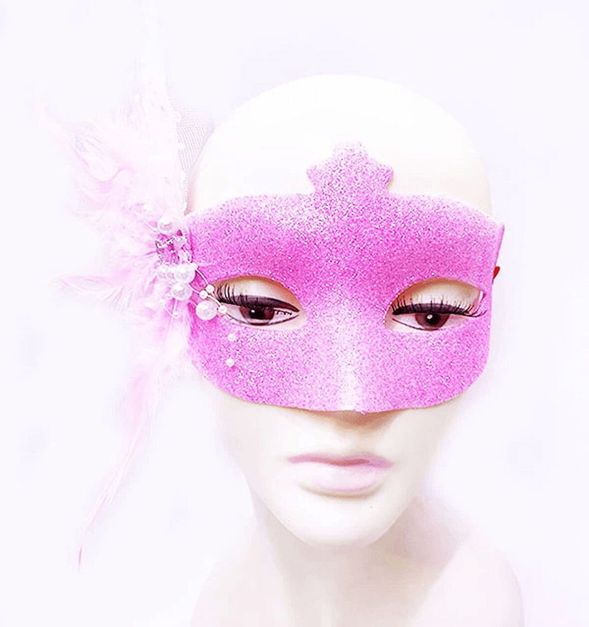 Sim İşlemeli İnci Boncuk Detaylı Tüylü Balo Maskesi Pembe Renk 13x18 Cm - Lisinya