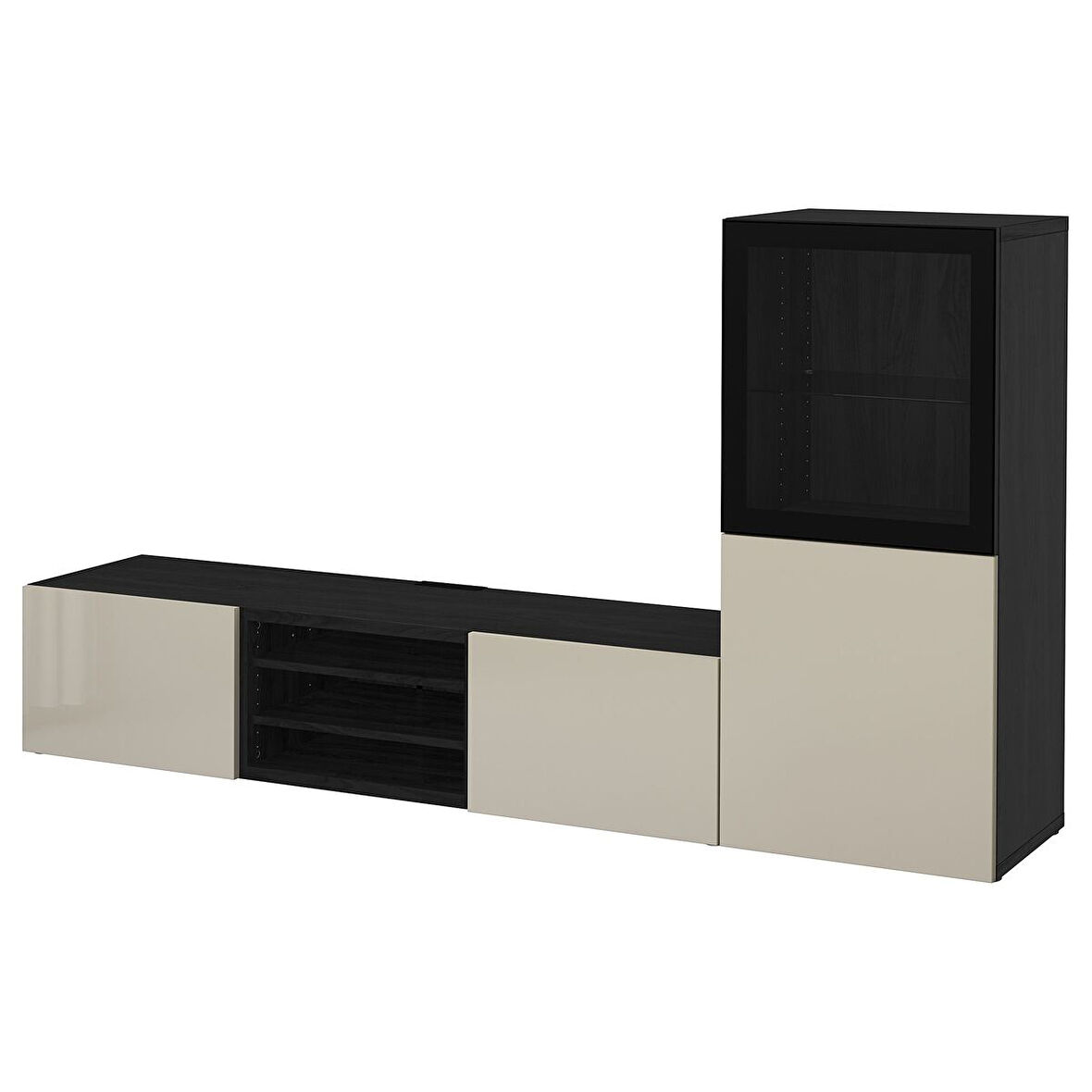 Tv ünitesi, venge-parlak cila-bej-şeffaf cam, 240x42x129 cm, SELSVIKEN/GLASSVIK, çıt çıt raylı