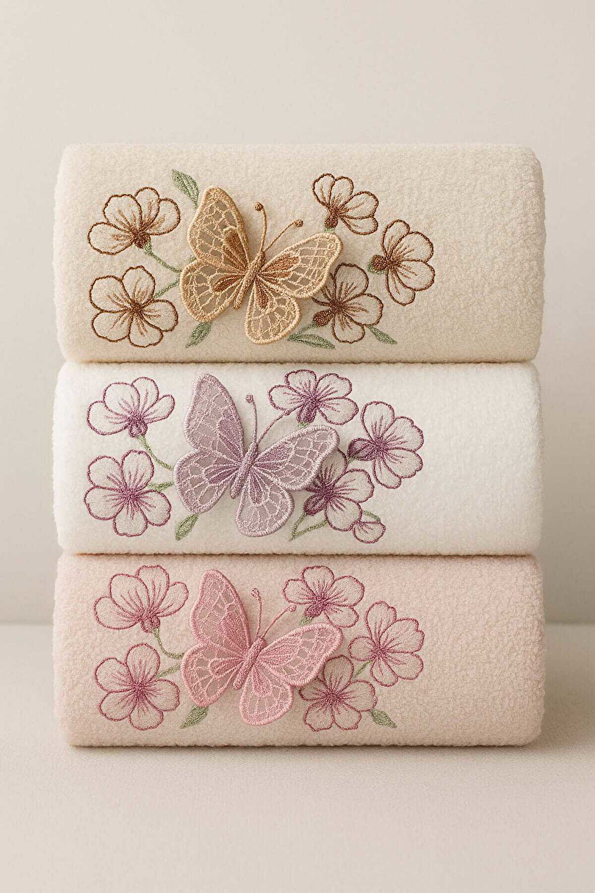 3lü Lüks &#37;100 Pamuklu Mutfak Havlusu Seti 3D Kelebek Aplikeli 30x50 Cm