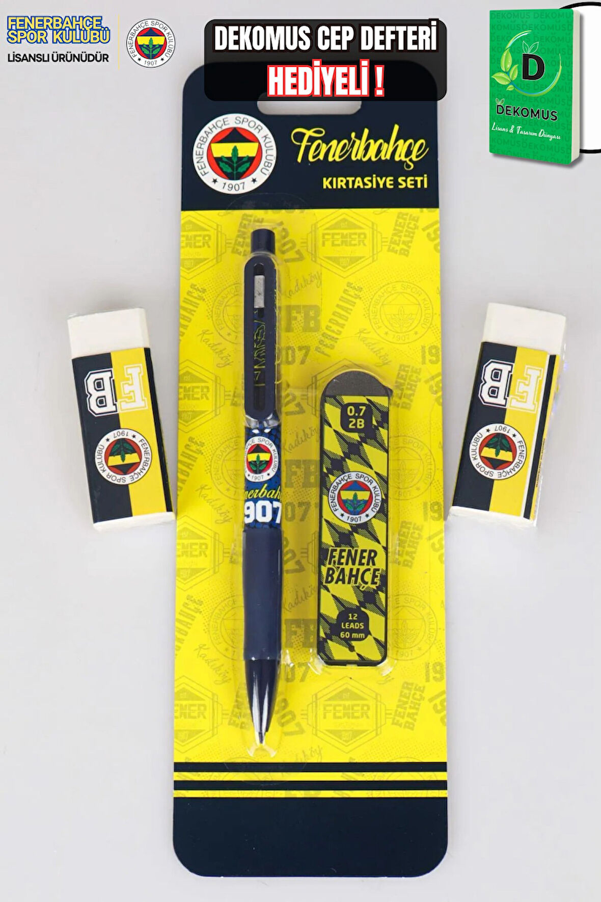 "DEKOMUS CEP DEFTERİ HEDİYELİ" LİSANSLI FENERBAHÇE VERSATİL UÇLU KALEM , 0.7 MM UÇ VE 2 ADET SİLGİ SETİ 