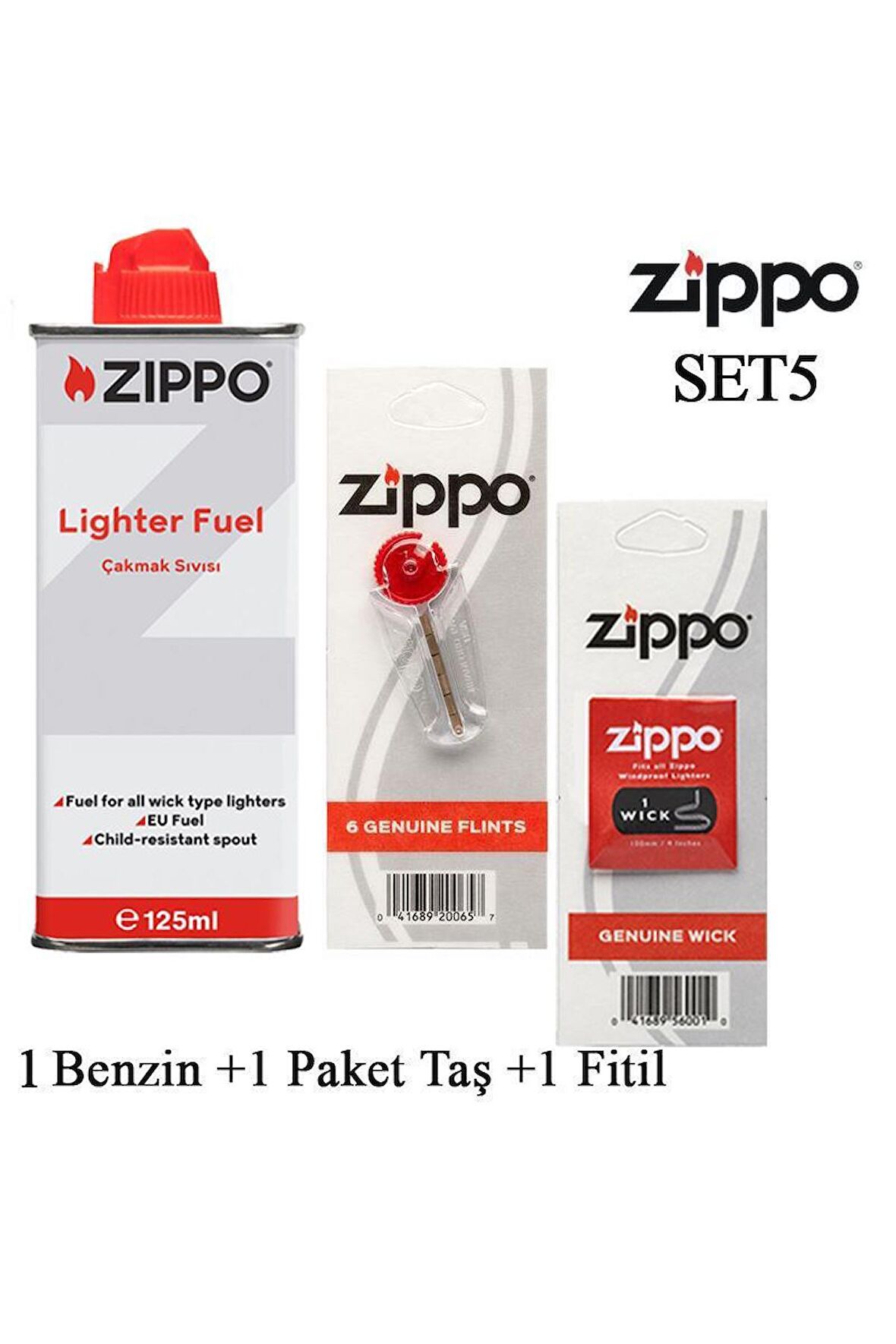 Zippo Çakmak Benzin + Taş + Fitil Seti