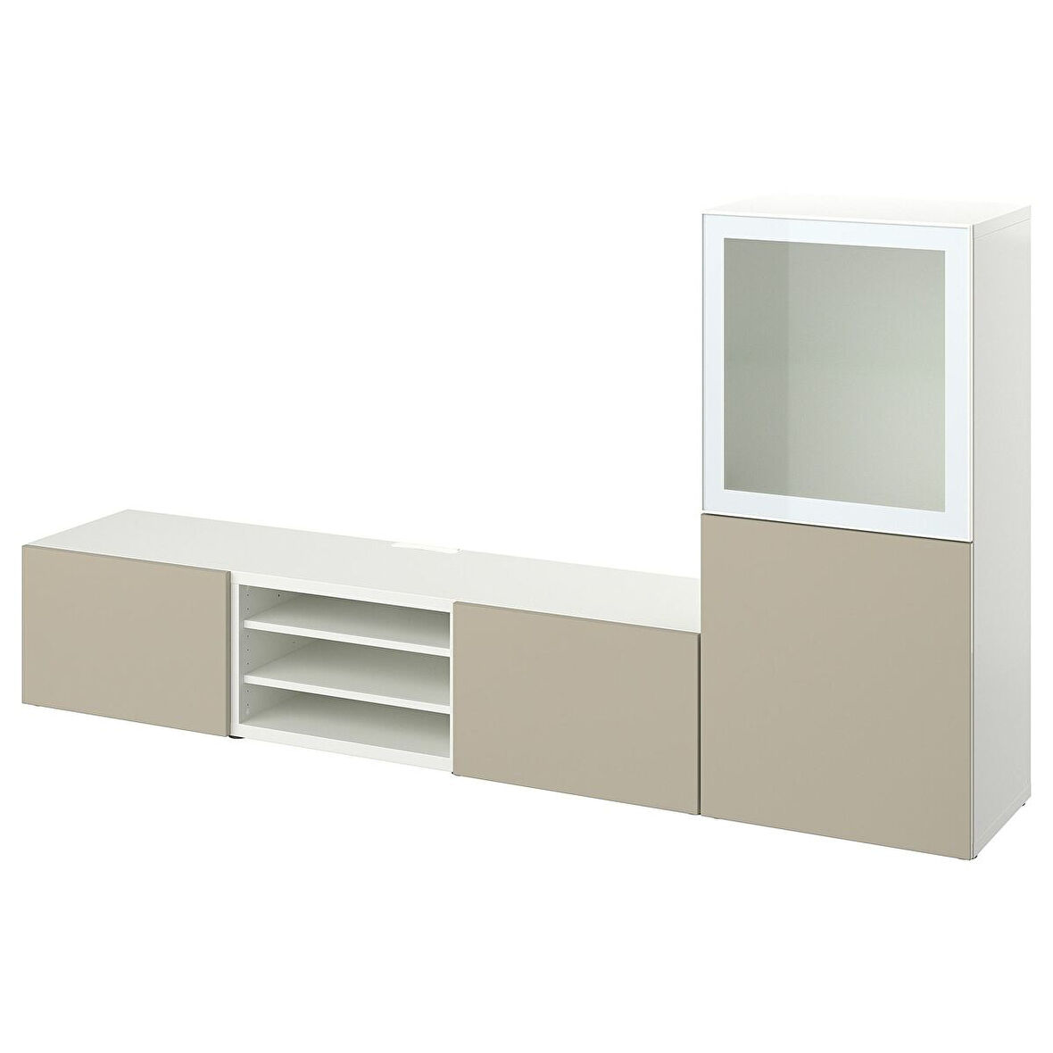 Tv ünitesi, beyaz-parlak cila-bej, 240x42x129 cm, SELSVIKEN/GLASSVIK, çıt çıt raylı
