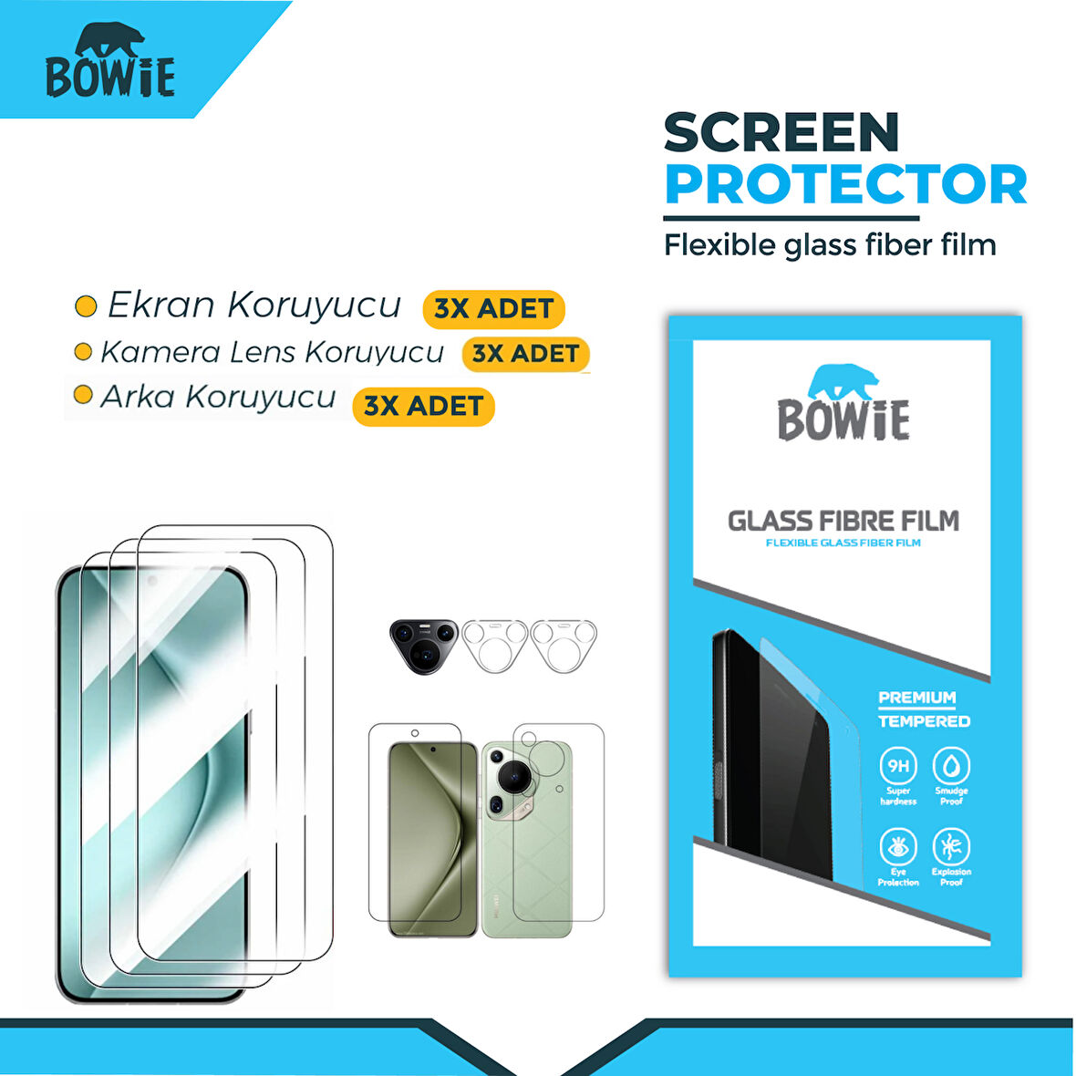 Huawei Pura 70 Pro için full kaplama ön arka kamera nano tempered ekran koruyucu 3 adet set