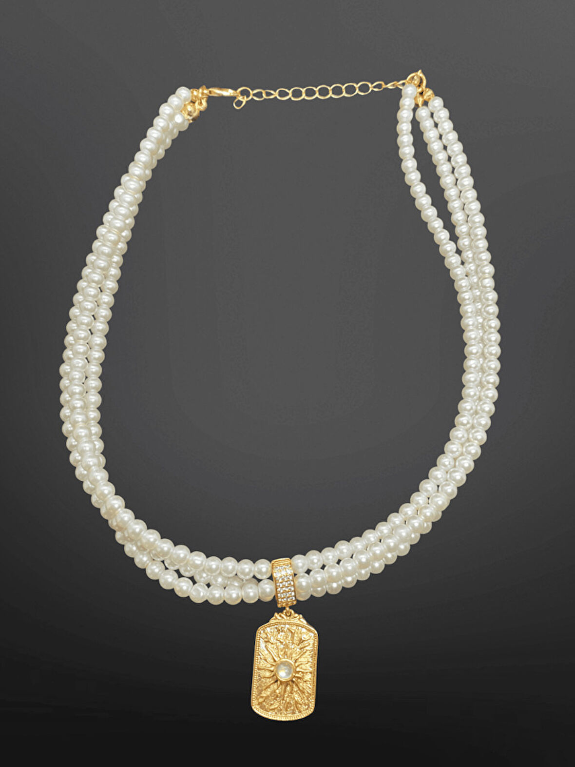 Güneş Sembolü Kolye Uçlu 3 Sıralı İnci Model Bijuteri Kolye | Altın Detaylı & Işıltılı