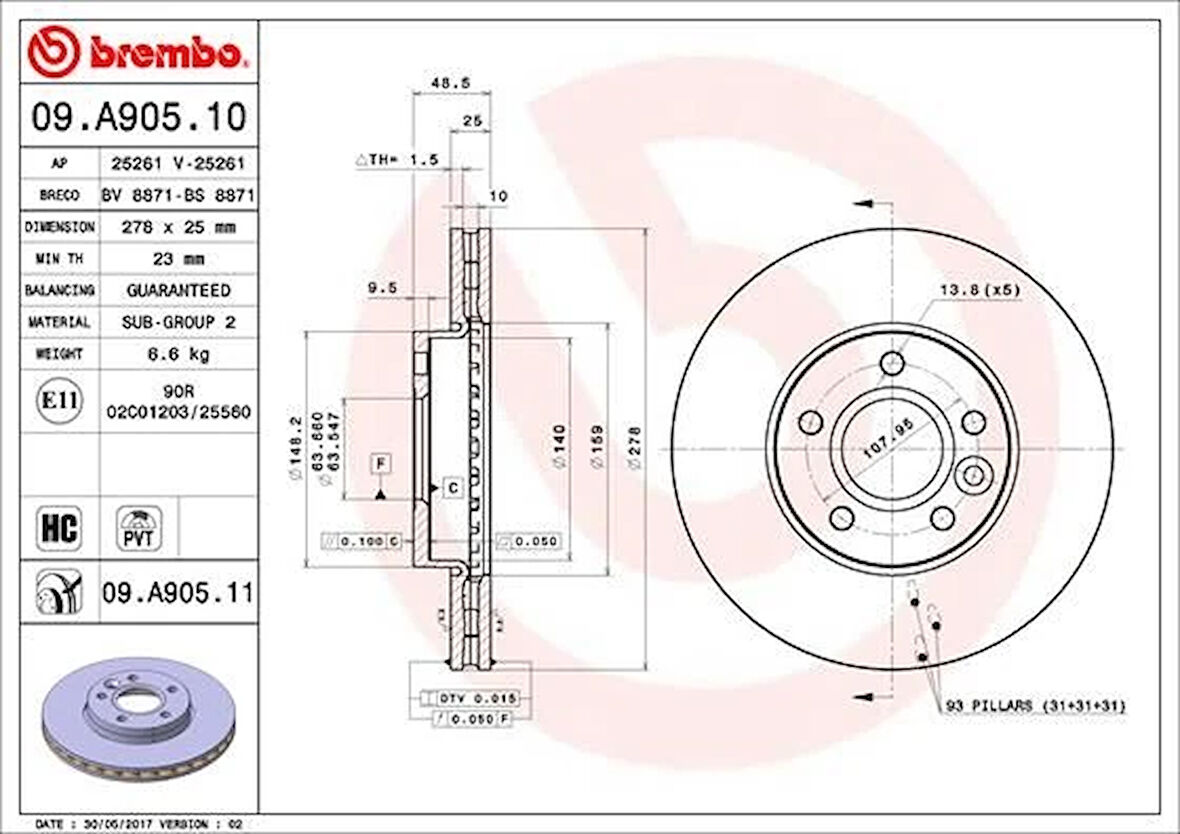 ON FREN AYNASI DISK FOCUS 3 11 FOCUS 2 2004-2011 C MAX 2003-2007 VOLVO C30 2006-2012 C70 2006-2013 S40 2 2004-2012 550 2005-2012 278X25X5DLXHVLI AV611125DB 1790221 31362411 (2 ADET)