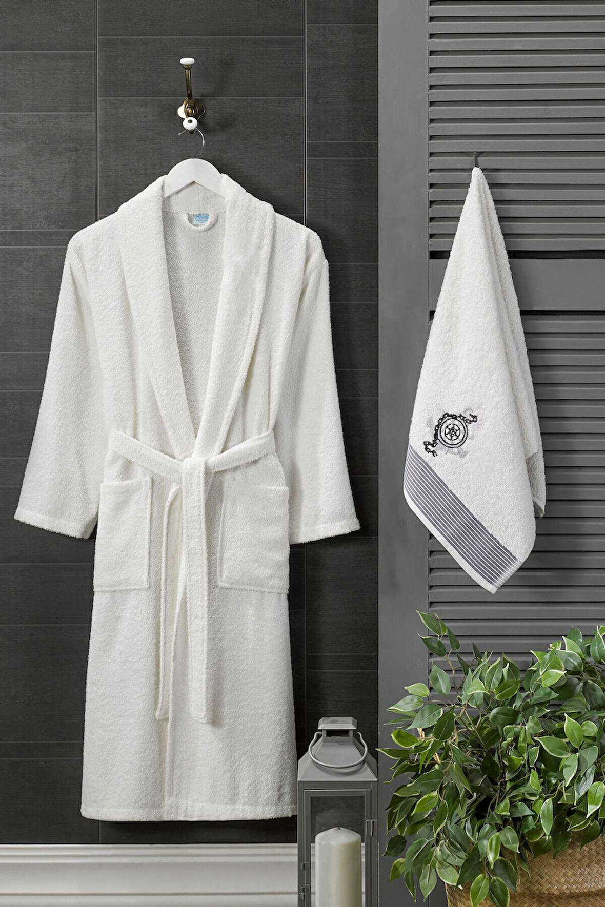Erkek Havlulu Banyo Bornoz Takımı &#37;100 Pamuklu Beyaz