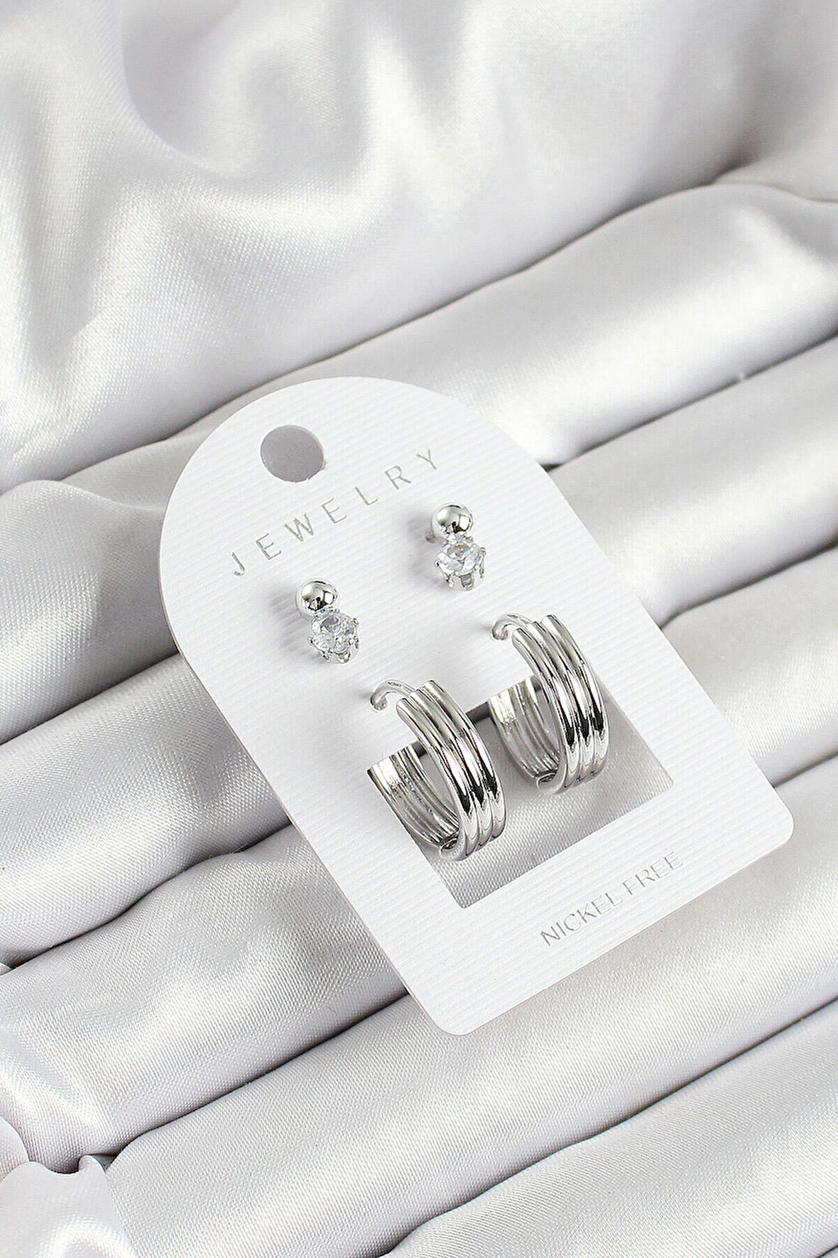 Pirinç Zirkon Taş Ve Halka Figürlü Gümüş Renk 3'lü Çift Kadın Küpe Set