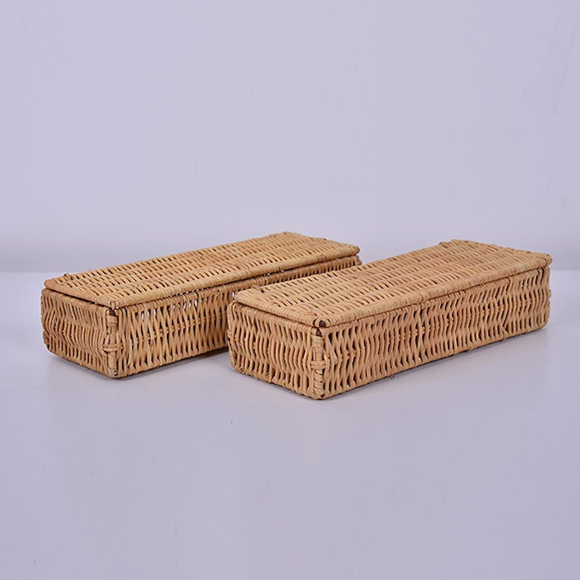 Organizer, Rattan Kapaklı Saklama Kutusu, Dekoratif Obje, Dolap İçi Düzenleyici 26x5cm 2 li Set