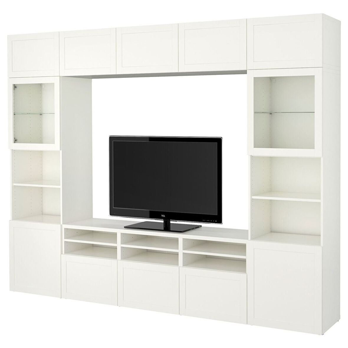 Tv ünitesi, beyaz-şeffaf cam, 300x42x231 cm, HANVIKEN/SINDVIK, fren raylı