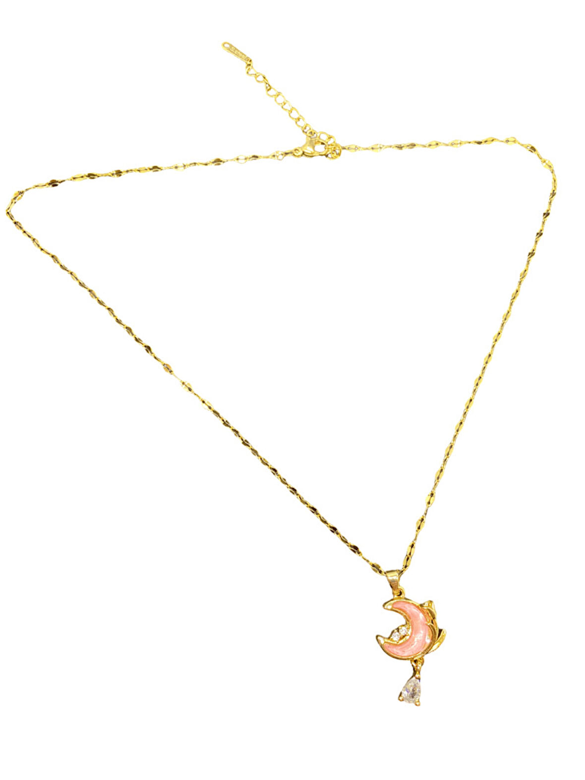 Altın Renk Parlak ve Şık Pembe Mine Taş 316L Çelik VIP Ay Model Kadın Kolye - Göz Alıcı Şık Tasarım