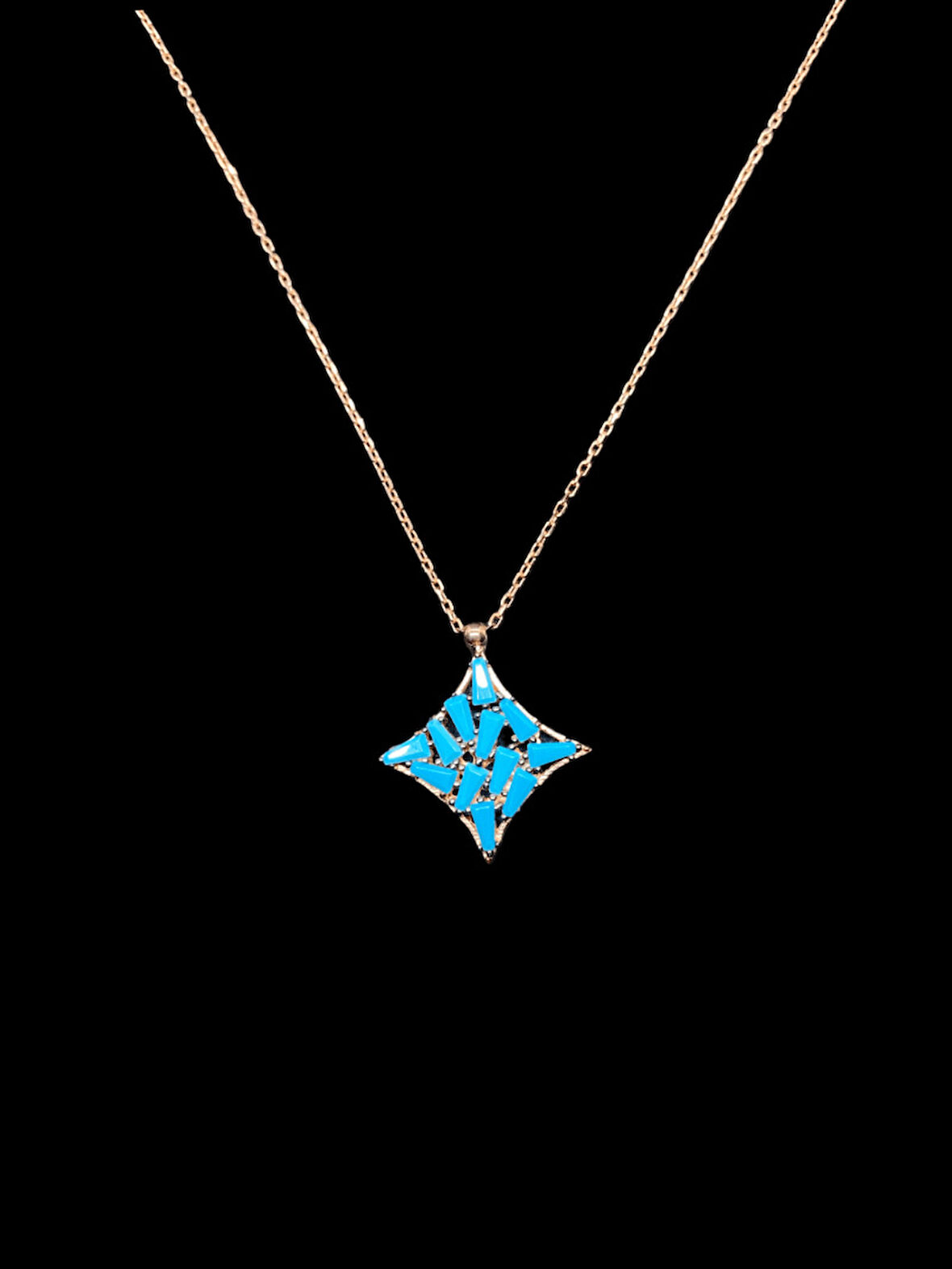 💎🔷 925 Ayar İthal Gümüş Mavi Bağcıklı Yıldız / Karo Formu Kolye | Turkuaz Renk Taş | Bohem Şıklık