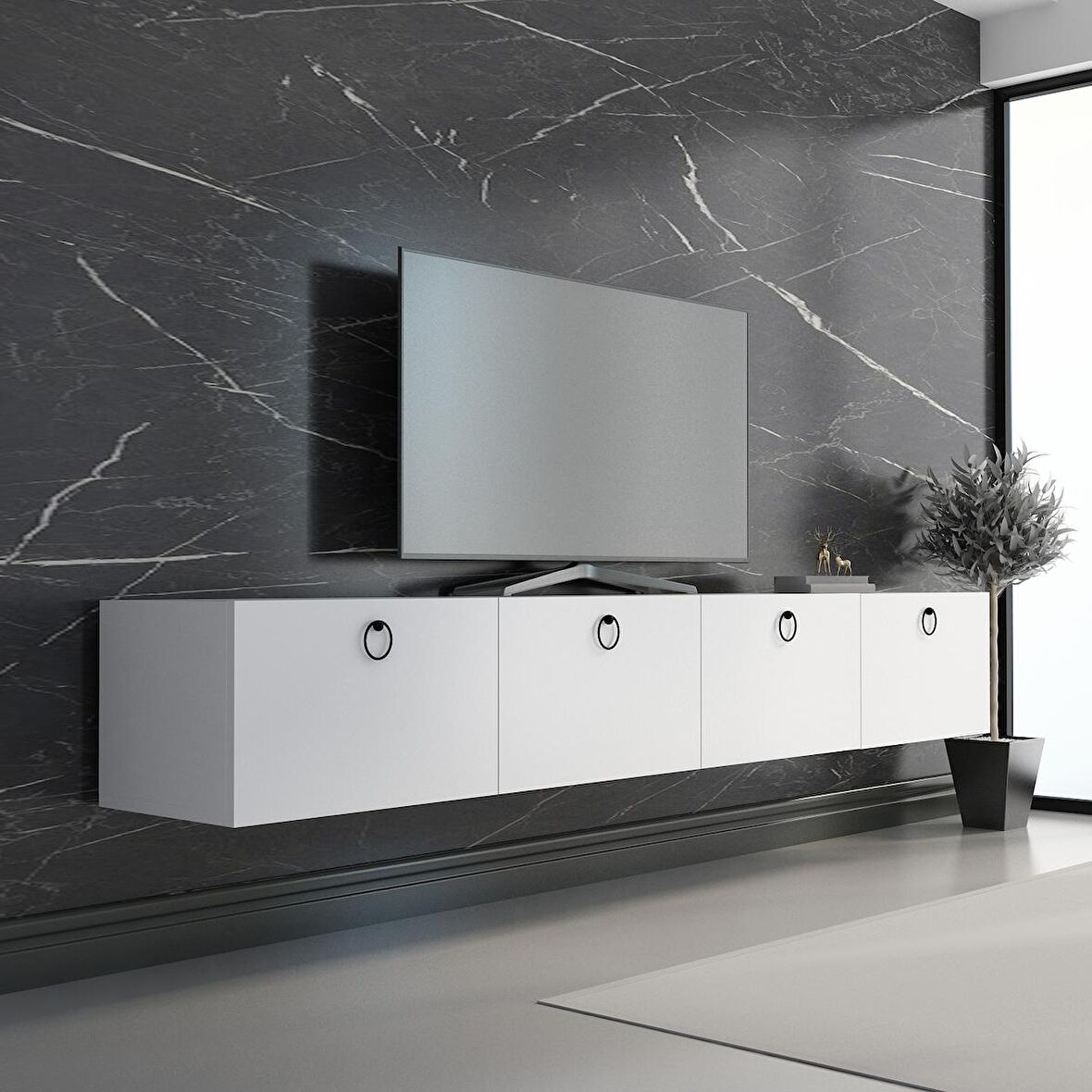 MOBİLYA GEZEGENİ HAMPER TV ÜNİTESİ Beyaz 180 CM SİYAH KULP