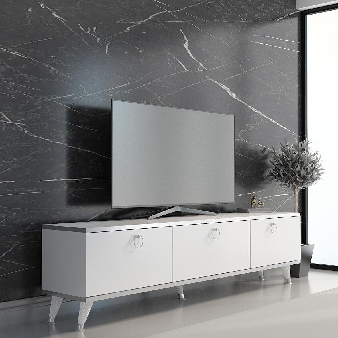 MOBİLYA GEZEGENİ GOLD TV ÜNİTESİ Beyaz GÜMÜŞ 210 CM GENİŞLİK Z3001