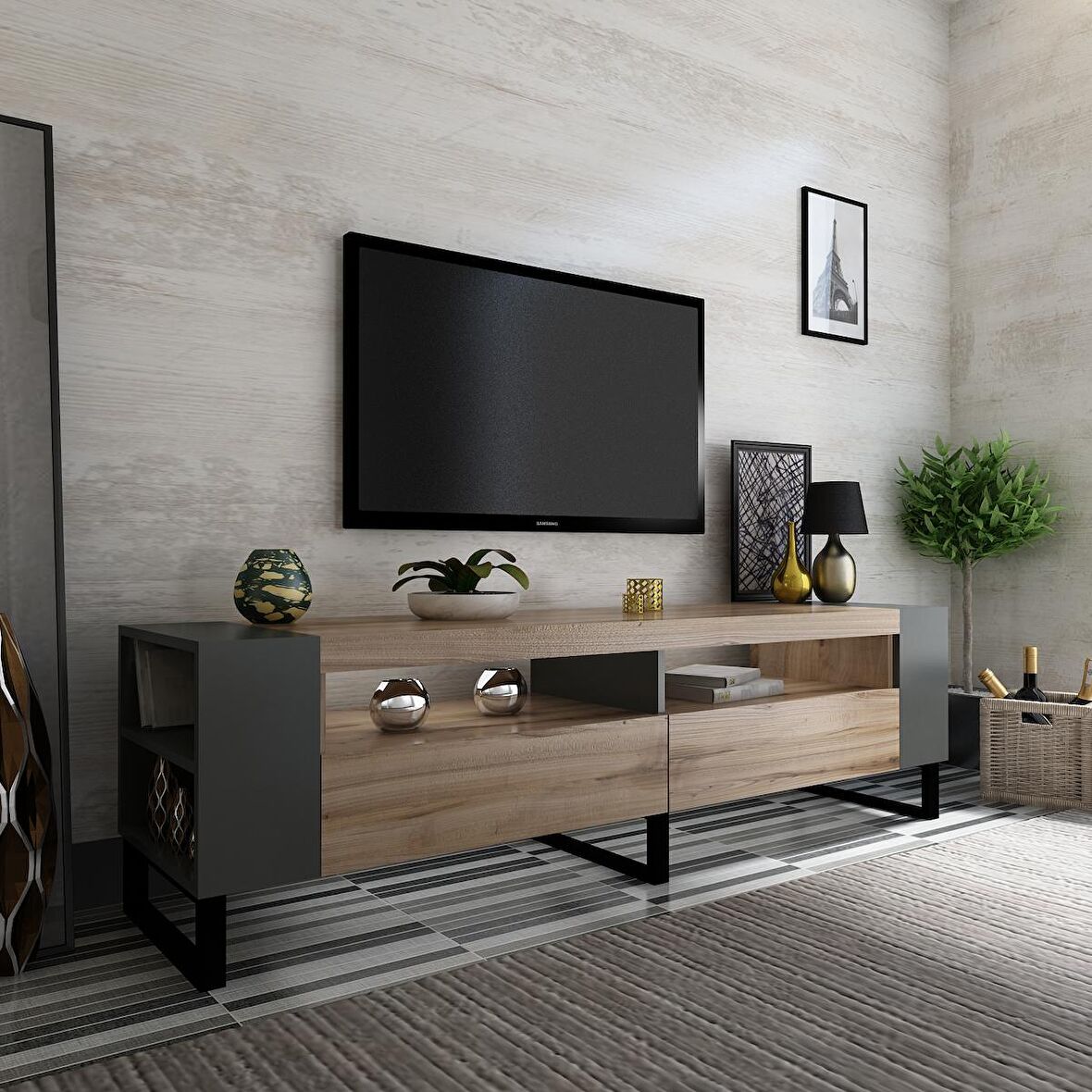 MOBİLYA GEZEGENİ BELGRAD TV ÜNİTESİ ÇIRAĞAN-Antrasit 42 CM DERİNLİK  / 150 CM GENİŞLİK DEMİR AYAKLI