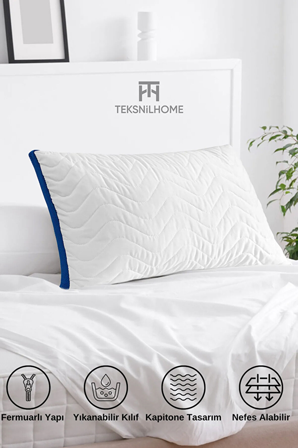 Fermuarlı Klimalı Yastık 900 Gram Kapitoneli Boncuk Silikon Yastık Mavi 50x70 cm