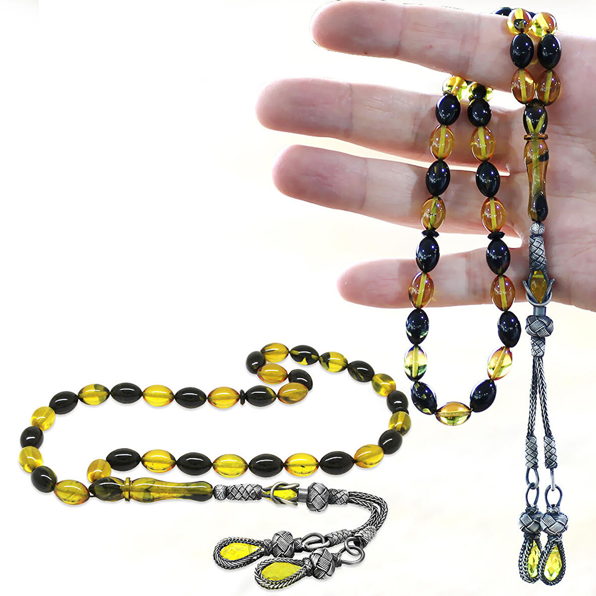 1000 Ayar Gümüş Kazaz Püsküllü Arpa Kesim Sarı-Siyah Ateş Kehribar Tesbih