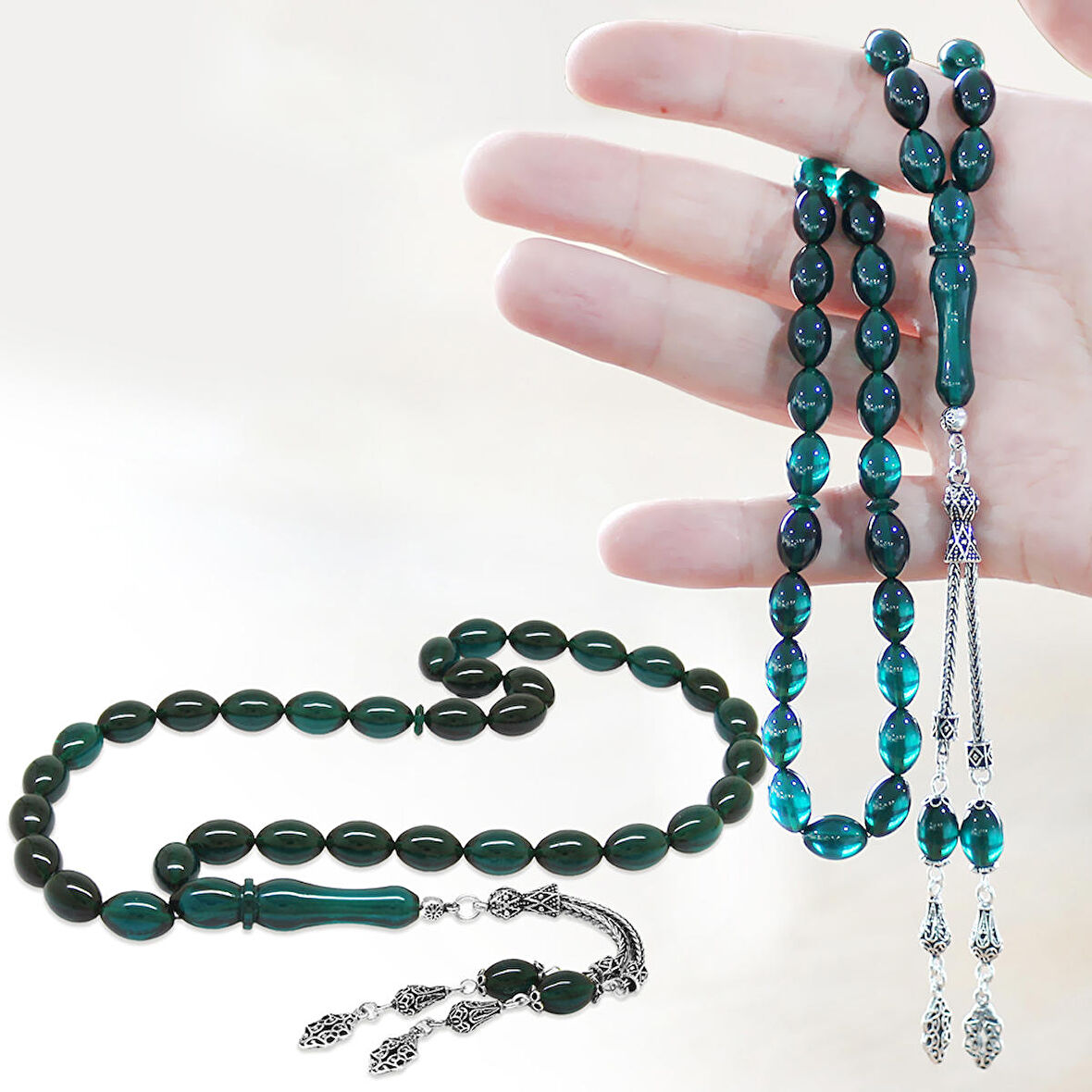 925 Ayar Gümüş Çift Püsküllü Arpa Kesim Su Mavisi Ateş Kehribar Tesbih