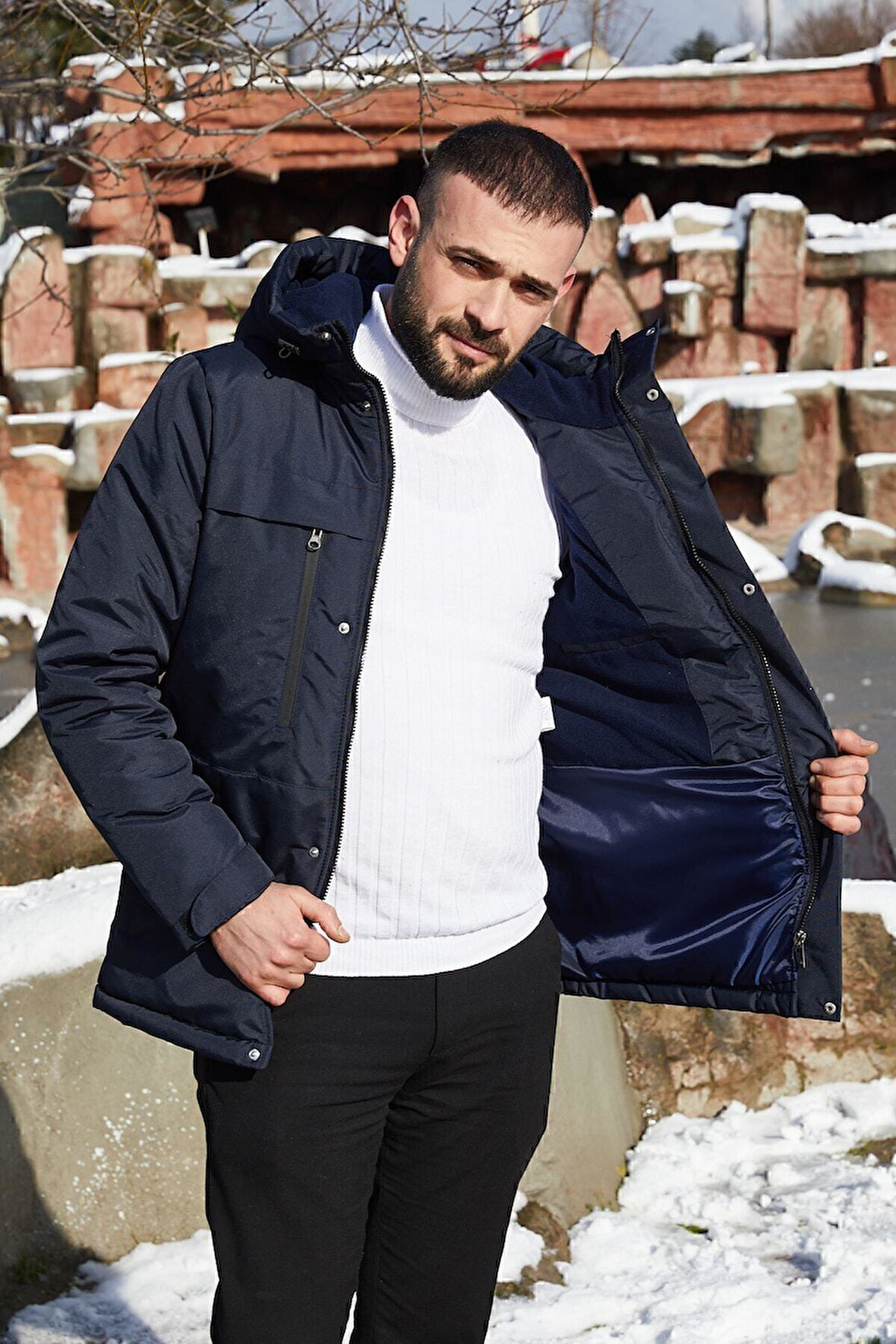 Spor Erkek Polarlı Kürklü Su Ve Rüzgar Geçirmez Kapüşonlu Mont Parka