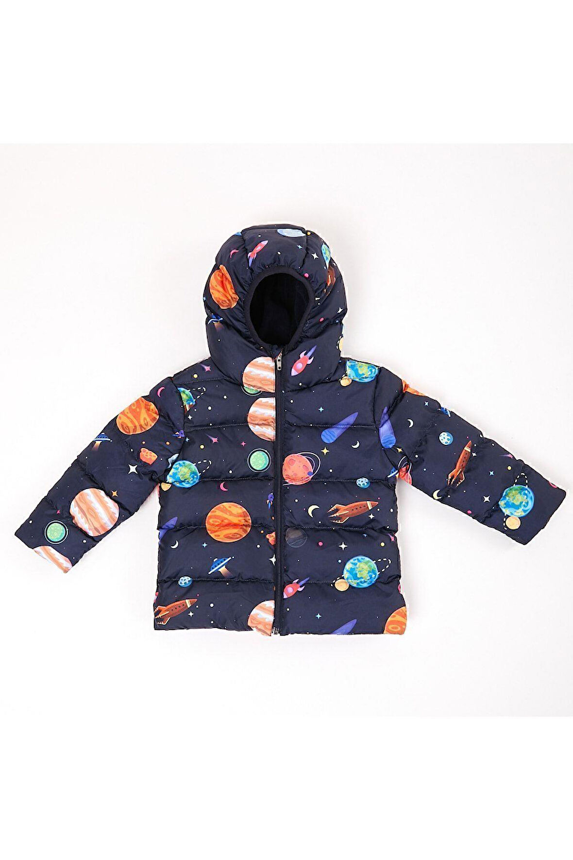 Spor Kız Çocuk Polarlı Kapüşonlu Gezegen Yıldız Desenli Şişme Mont Parka