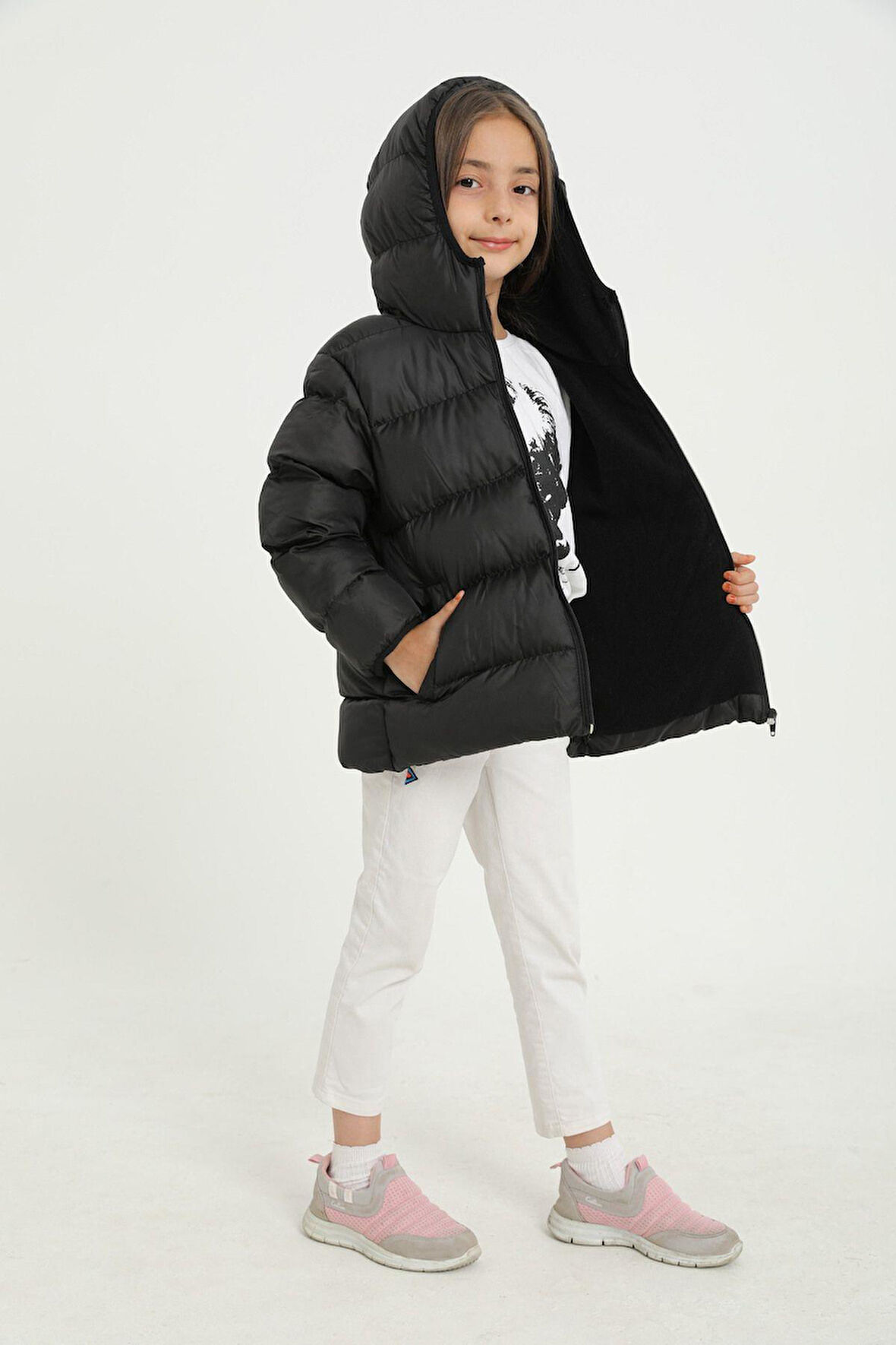 Kız Çocuk Polarlı Kürklü Kapüşonlu Su Geçirmez Rüzgara Dayanıklı Cepli Şişme Kışlık Mont
