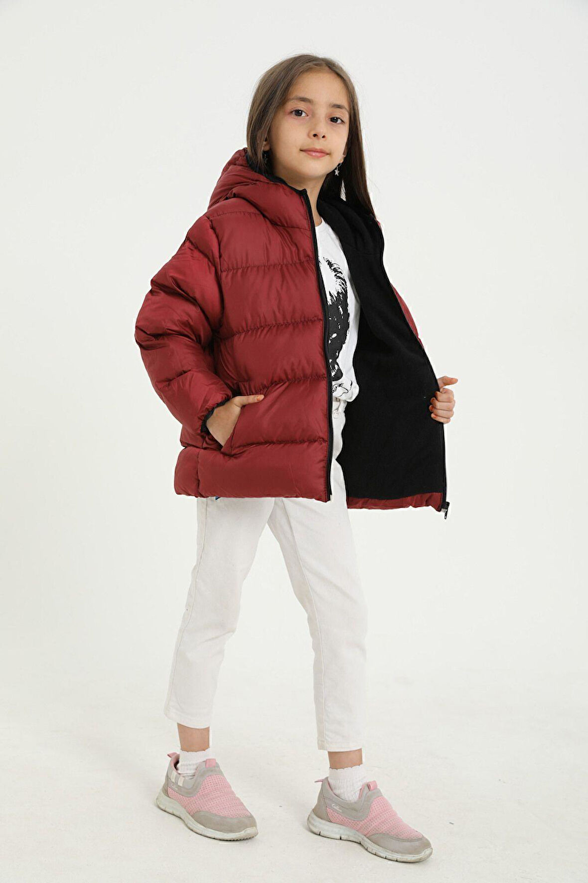 Spor Kız Çocuk Polarlı Kürklü Kapüşonlu Su Geçirmez Rüzgara Dayanıklı Şişme Mont