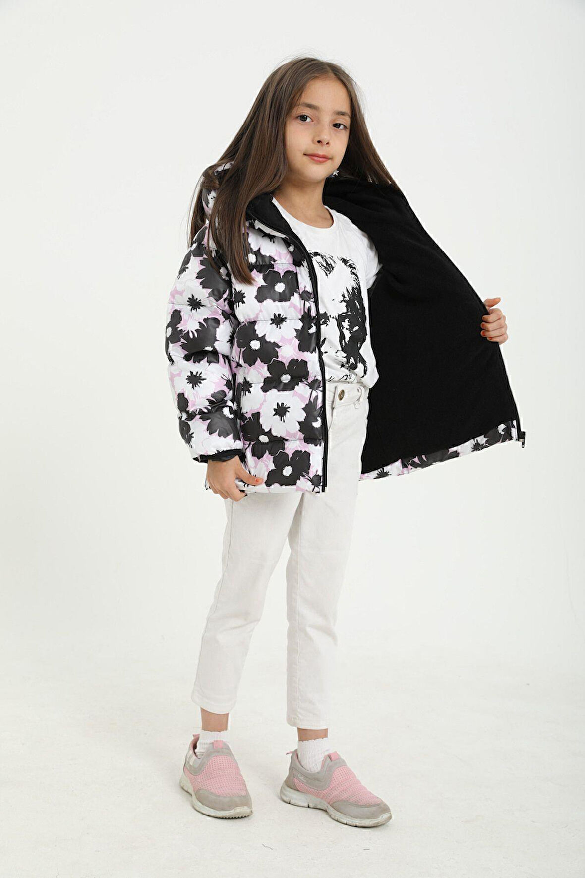 Spor Kız ÇocukÇiçek Desen Polar Su Ve Rüzgar Geçirmez Kapüşonlu Şişme Mont