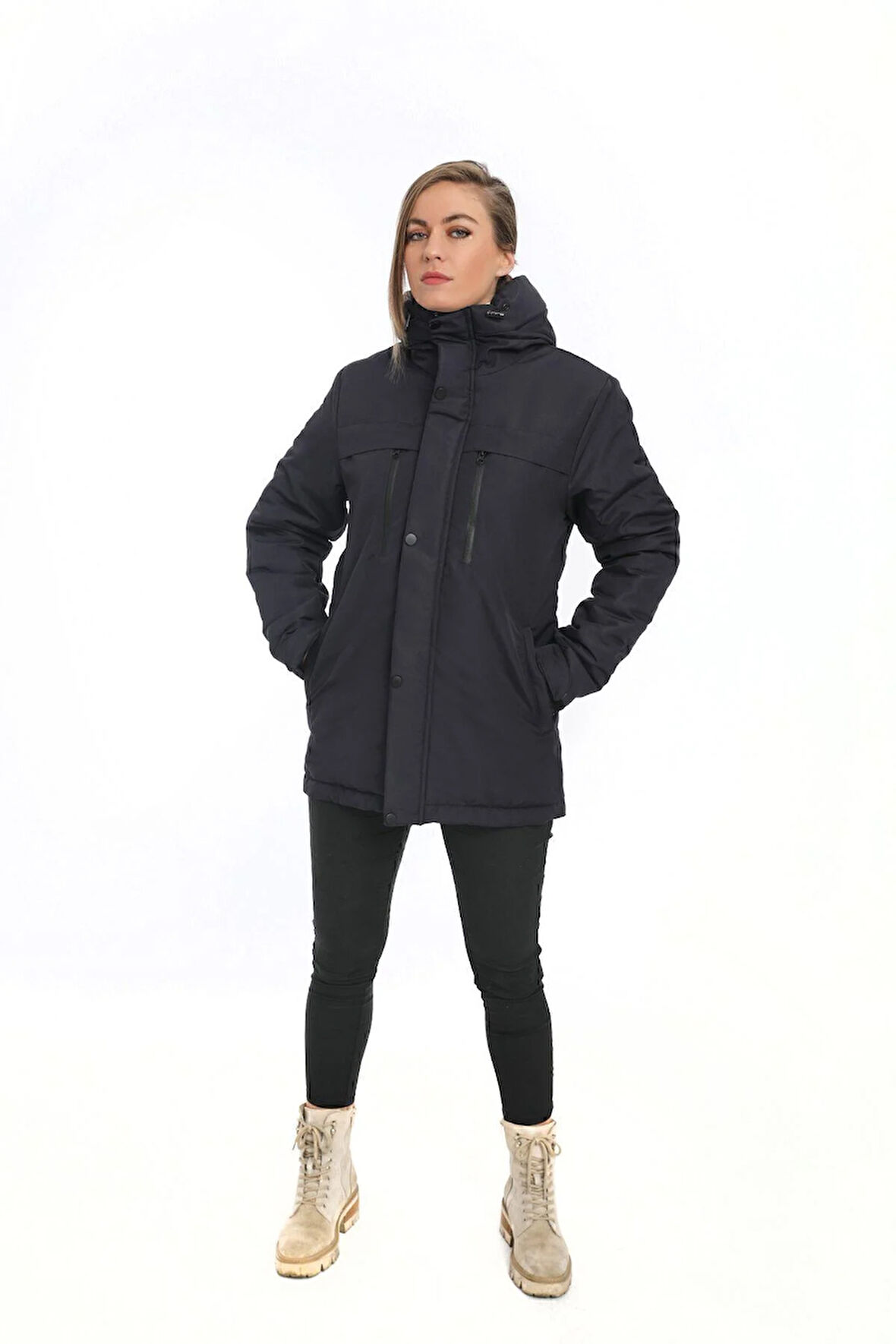 Spor KadınPolarlı Kürklü Su Ve Rüzgar Geçirmez Kapüşonlu Mont Parka