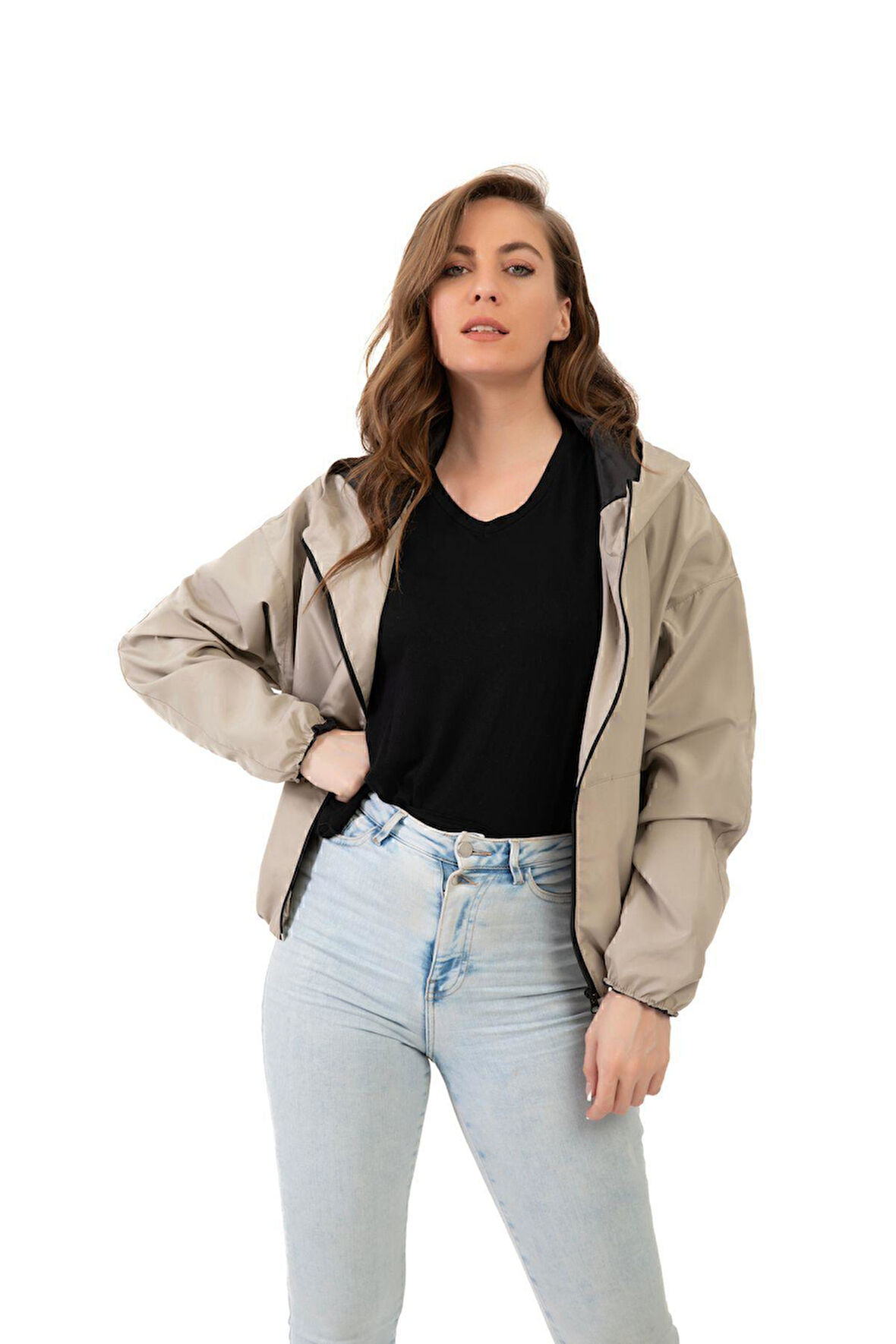 Spor Kadın Su Yeşili Kapüşonlu Su Ve Rüzgar Geçirmez Oversize Yağmurluk - Rüzgarlık