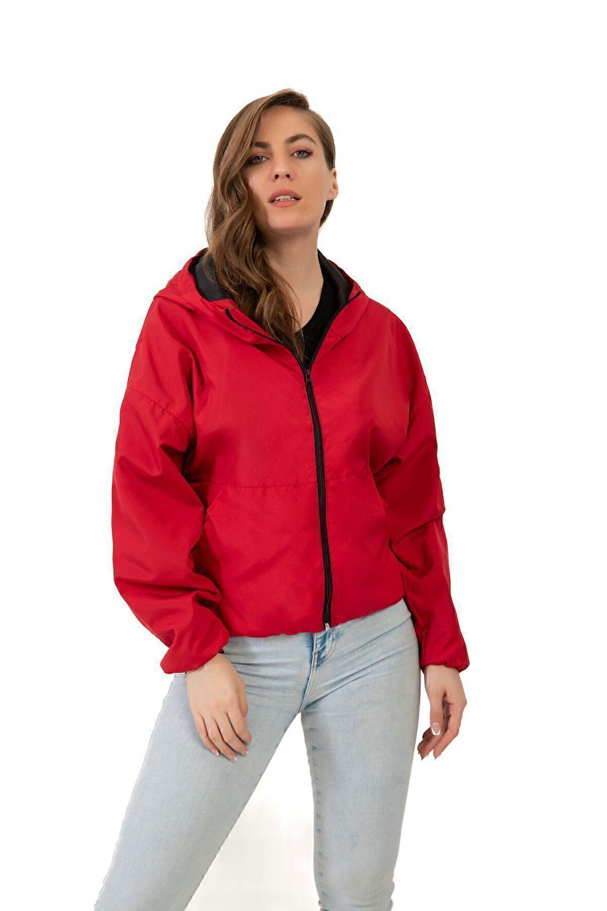 Spor Kadın Su Yeşili Kapüşonlu Su Ve Rüzgar Geçirmez Oversize Yağmurluk - Rüzgarlık