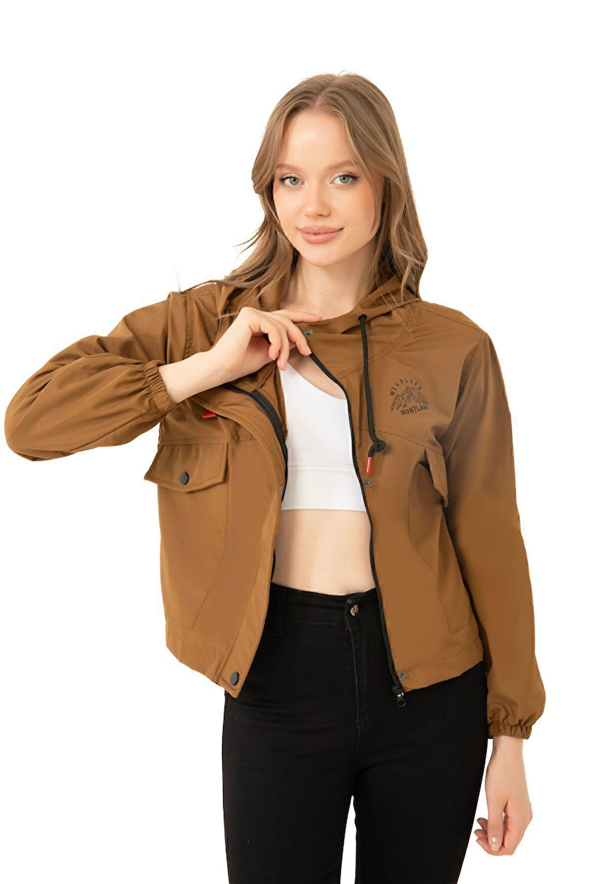 Spor Kadın Pudra Su Geçirmez Ve Rüzgara Dayanıklı Kapüşonlu Çıt Çıtlı Mevsimlik Yağmurluk