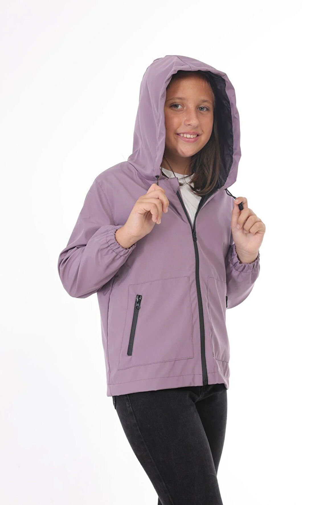 Spor Kız Çocuk Astarlı Su Ve Rüzgar Geçirmez Kapüşonlu Çift Fermuarlı Yağmurluk