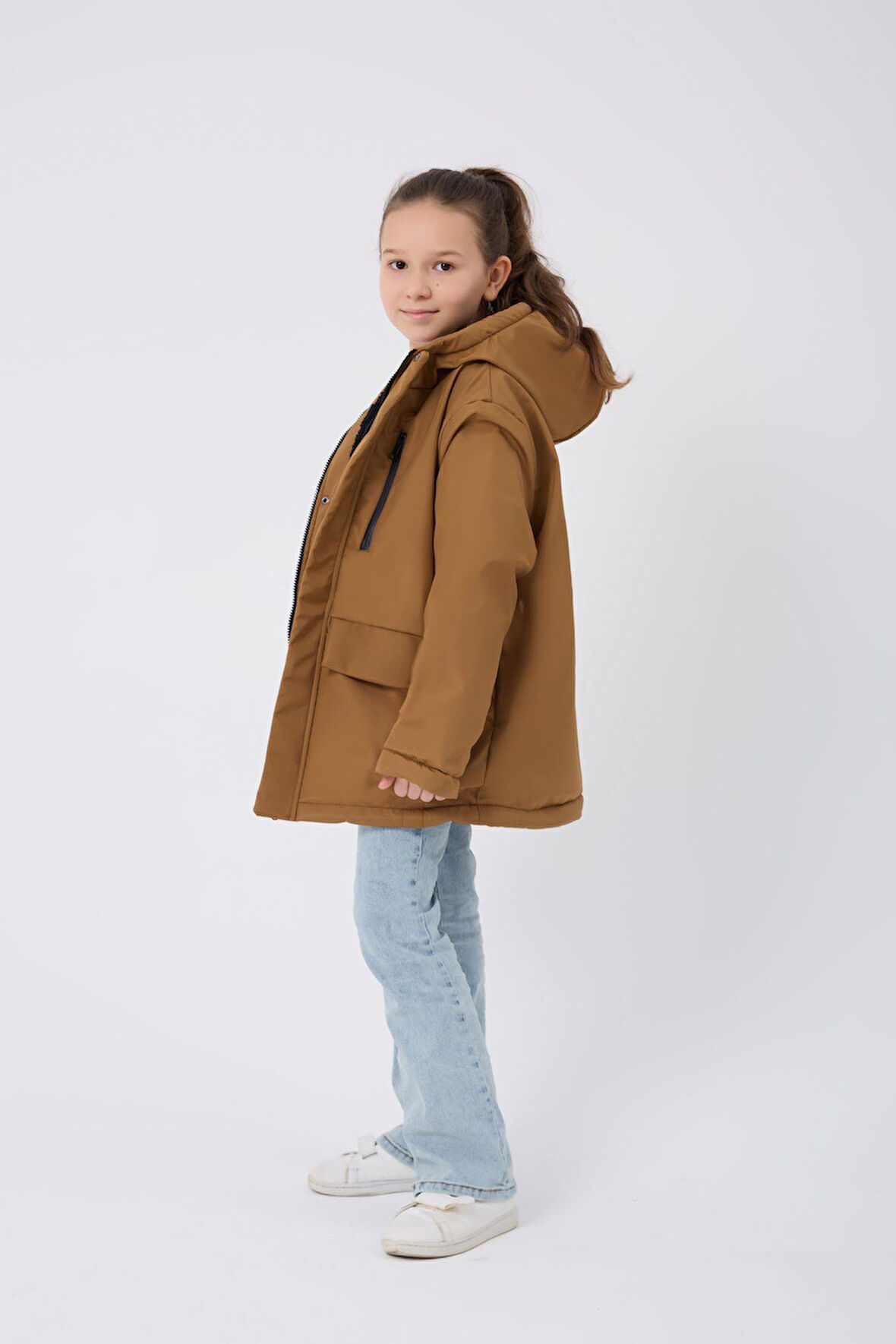 Spor Kız Çocuk Taba Kürklü Su Ve Rüzgar Geçirmez Kapüşonlu 3 Mont Parka