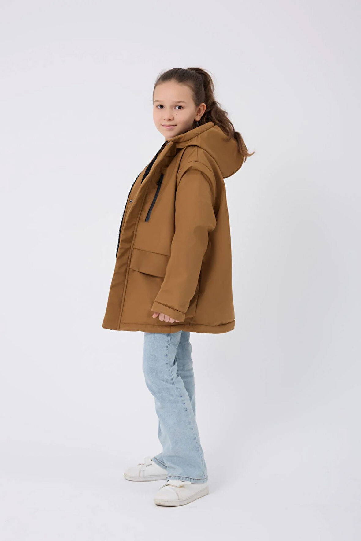 Spor Kız Çocuk Taba Kürklü Su Ve Rüzgar Geçirmez Kapüşonlu 3 Mont Parka