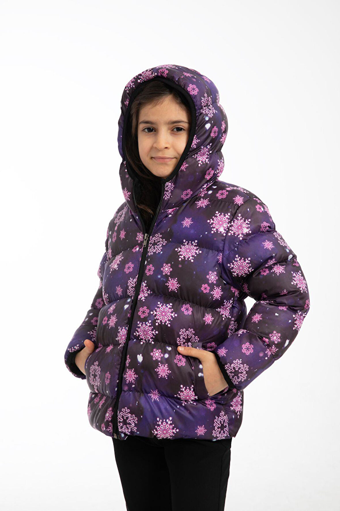 Spor Kız ÇocukÇiçek Desen Polar Su Ve Rüzgar Geçirmez Kapüşonlu Şişme Mont