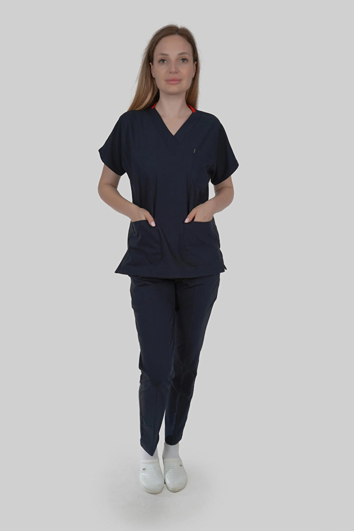 LACİVERT V YAKA HEMŞİRE DOKTOR FORMA TAKIMI , LİKRALI SCRUBS