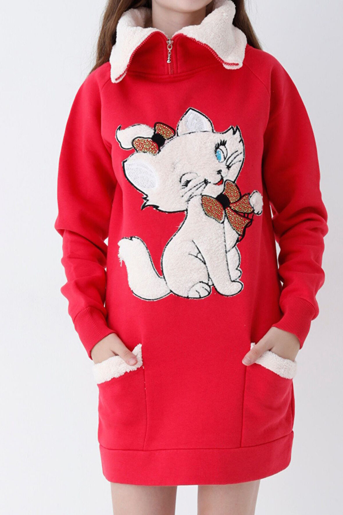 Genç Kız Kırmızı Kedi Baskılı Fermuarlı  Kapüşonlu Pamuklu Sweatshirt