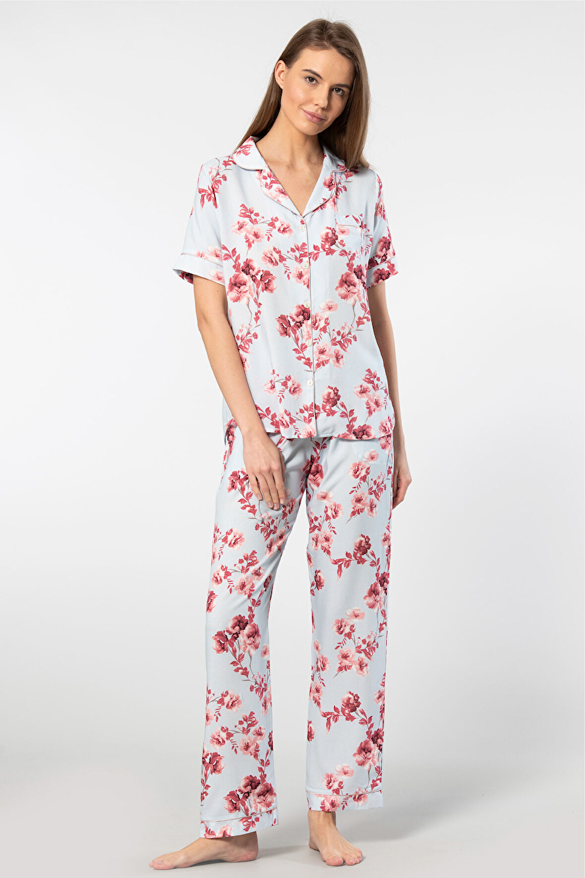 Türen Kadın Desenli Kısa Kol Dokuma Pijama Takımı 3604/Mavi