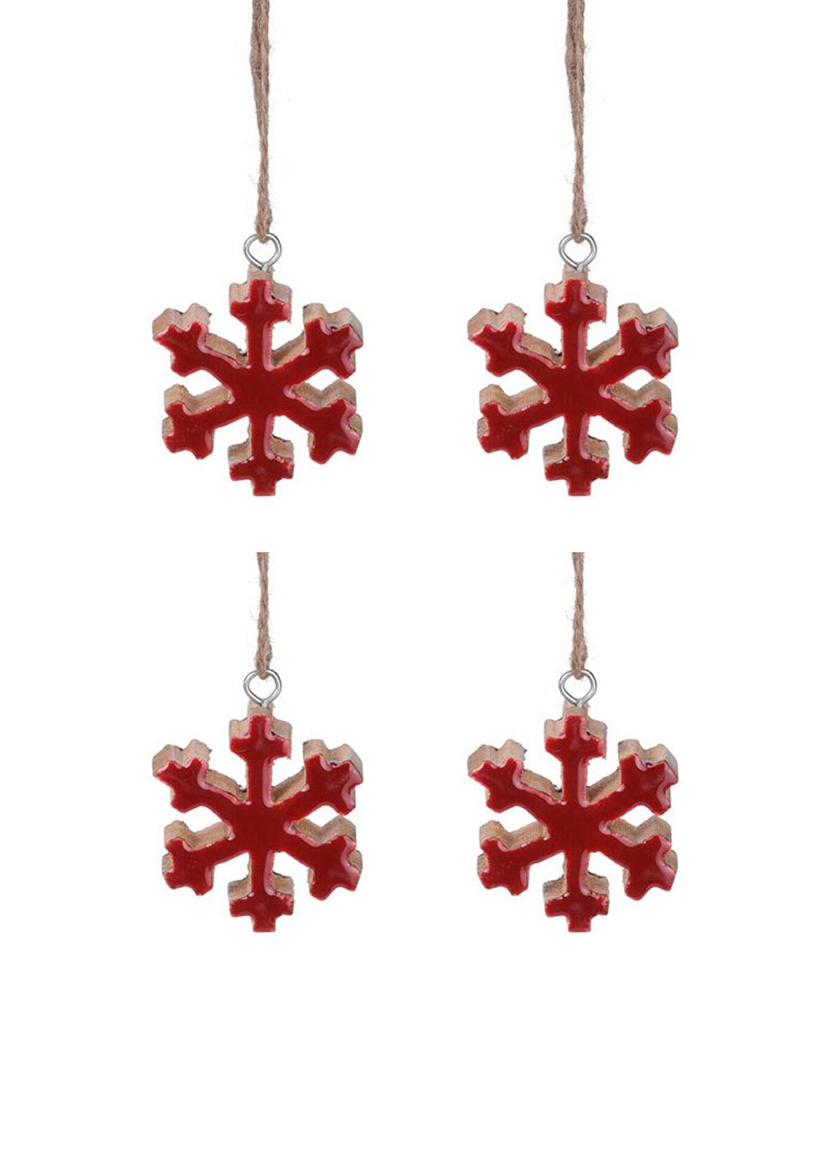Kırmızı Askılı Ahşap 4'lü Kar Tanesi 6 cm
