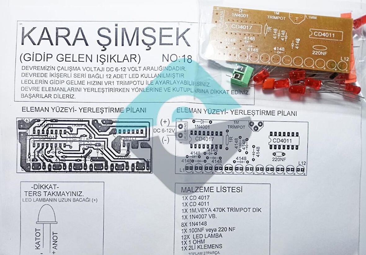 Kara Şimşek Devresi 12 Ledli Demonte Kit Kendin Yap