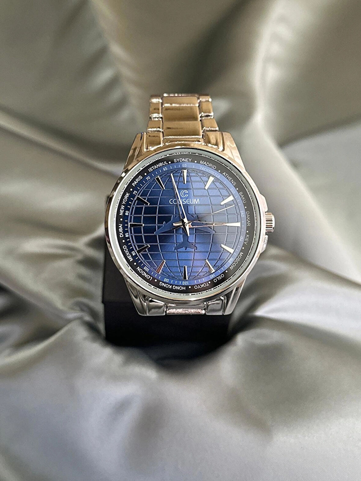 Yuvarlak İçi Desenli Mavi Renk Gümüş Retro Erkek Kol Saati