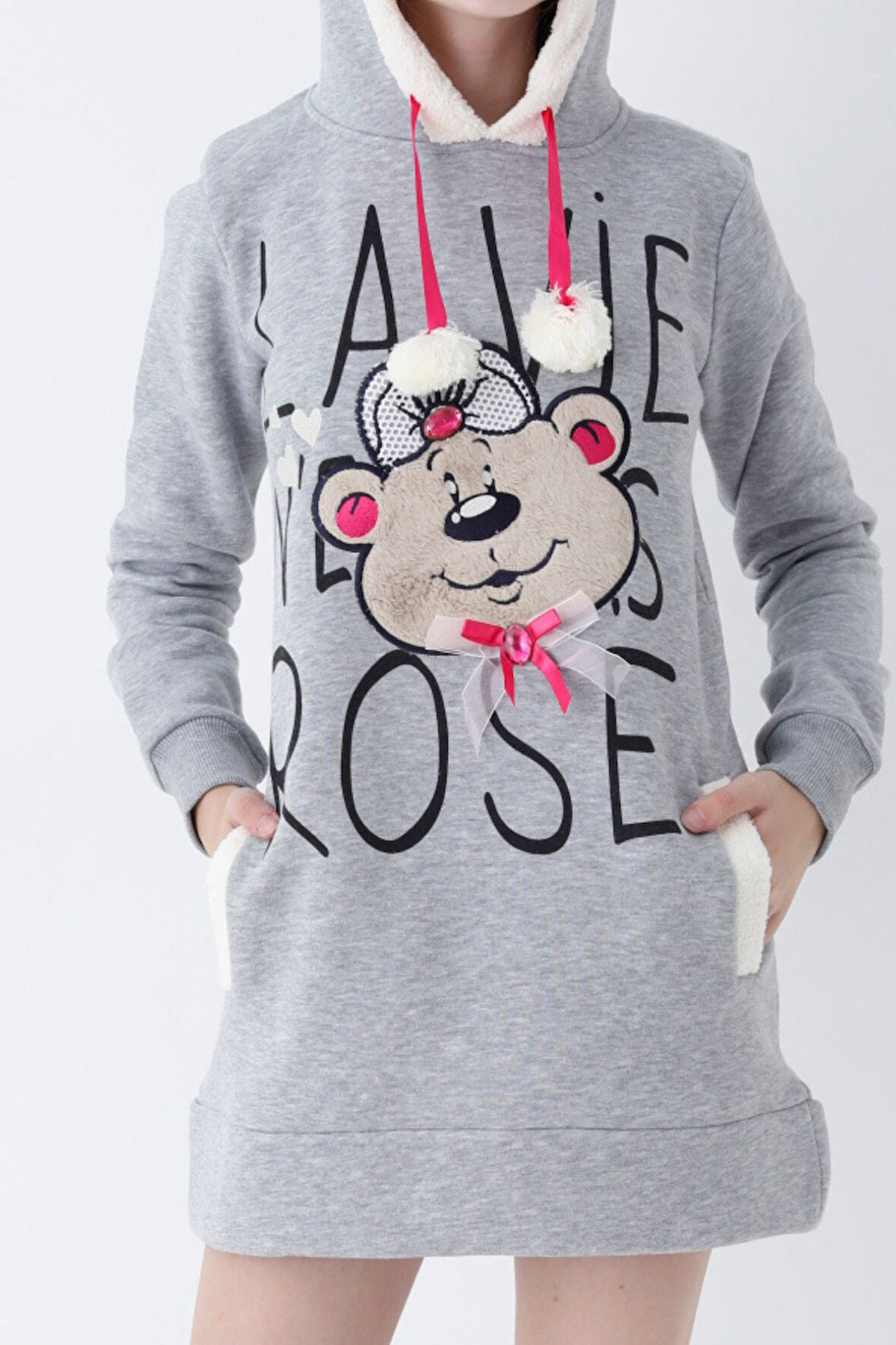 Genç Kız Pembe Ayıcık Desenli Kapüşonlu Sweatshirt Elbise