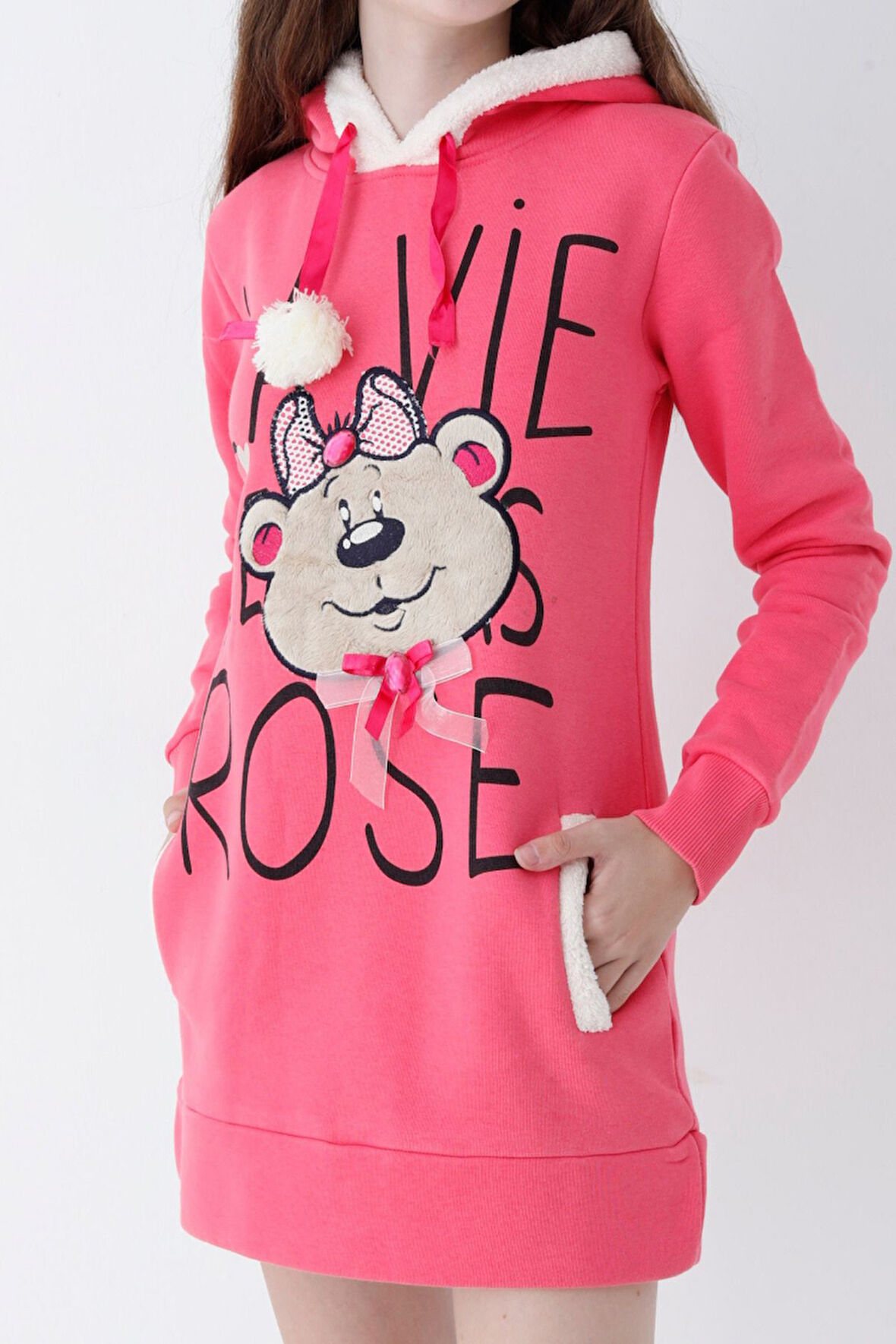 Genç Kız Pembe Ayıcık Desenli Kapüşonlu Sweatshirt Elbise