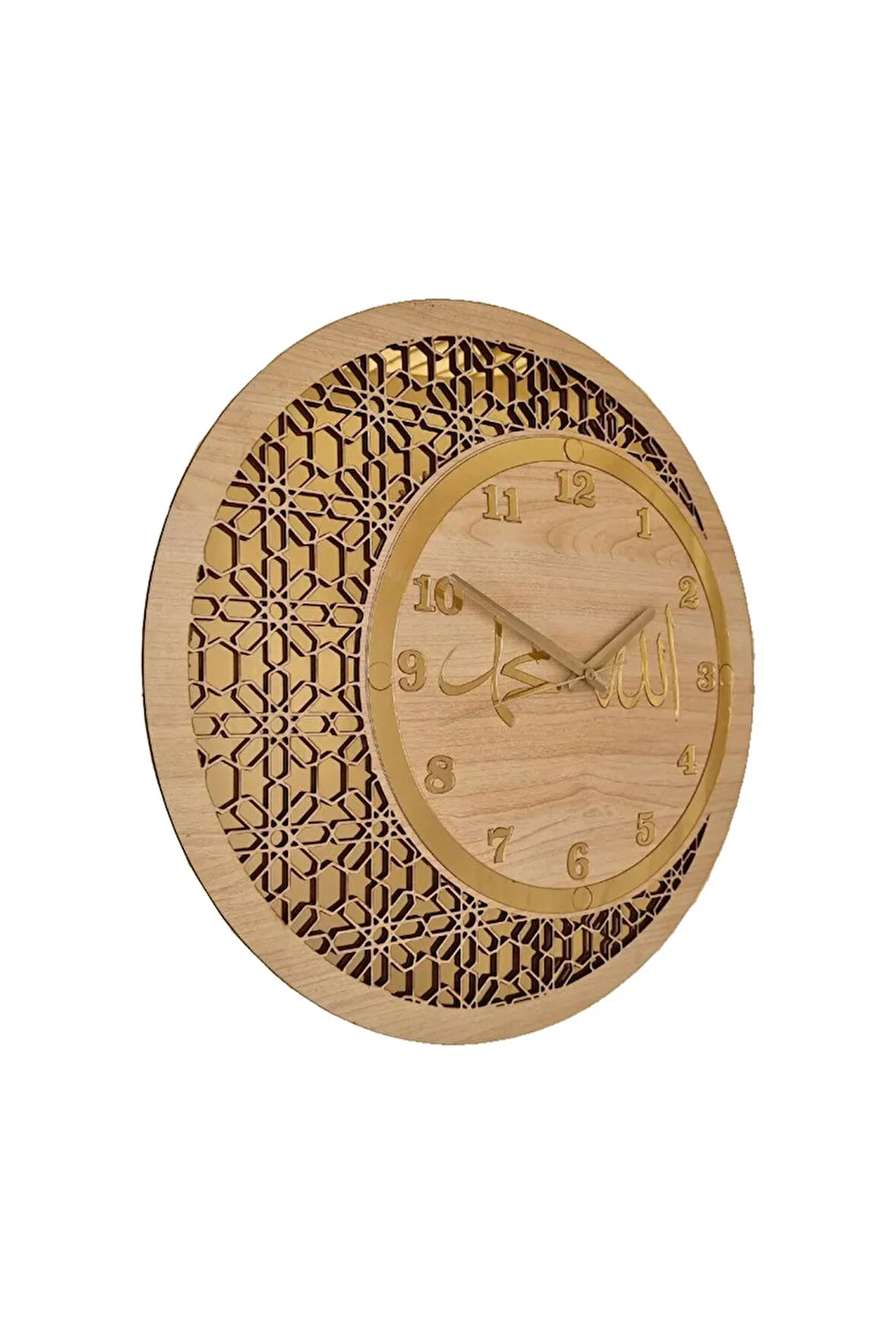 Ahşap Ve Aynalı Allah-muhammed Motifli Normal Rakamlı Duvar Saati