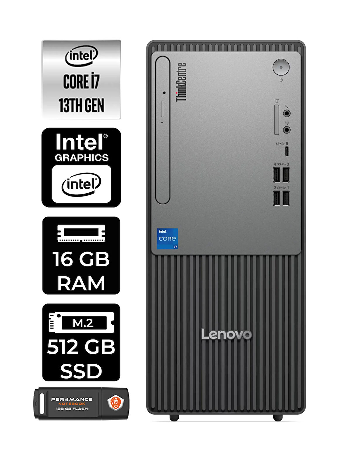 Lenovo ThinkCentre Neo 50T G5 i7 13700 16GB 512GB SSD W11P Masaüstü Bilgisayar & PER4 USB Bellek