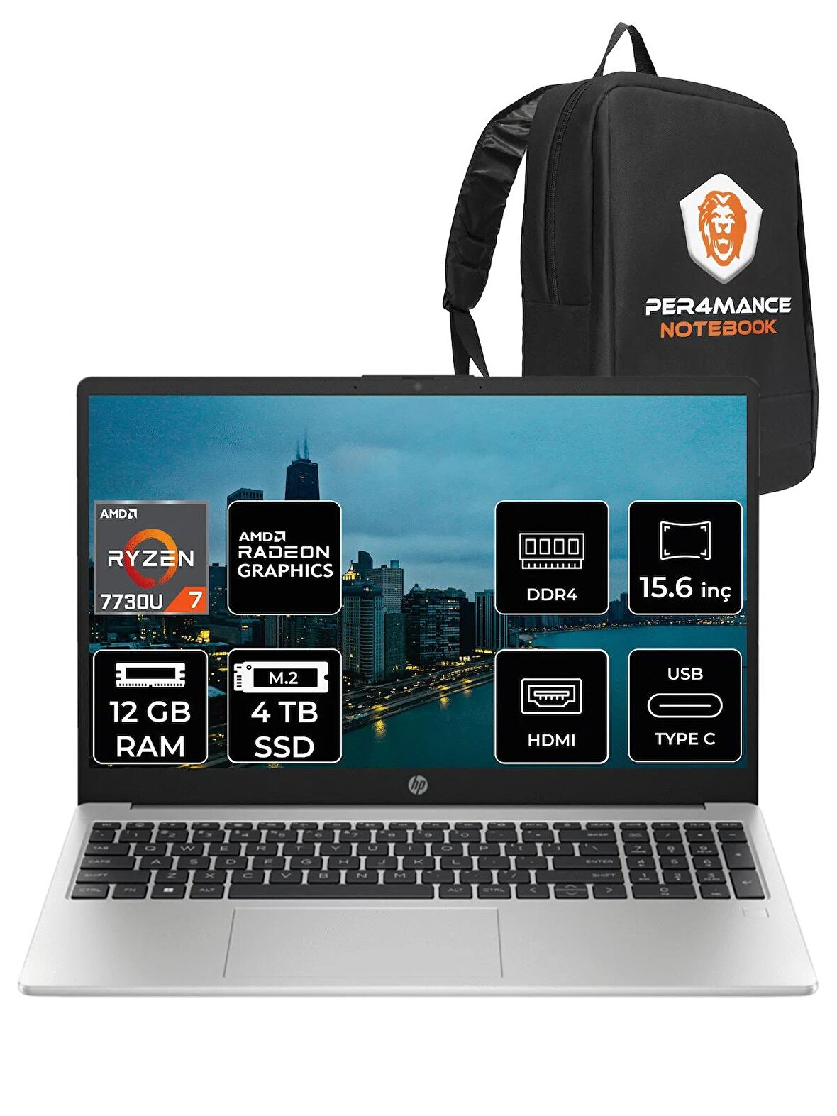 HP 255 G10 Ryzen 7 7730U 12GB RAM 4TB SSD 15.6'' FHD FDOS 8A548EA & PER4 ÇANTA 