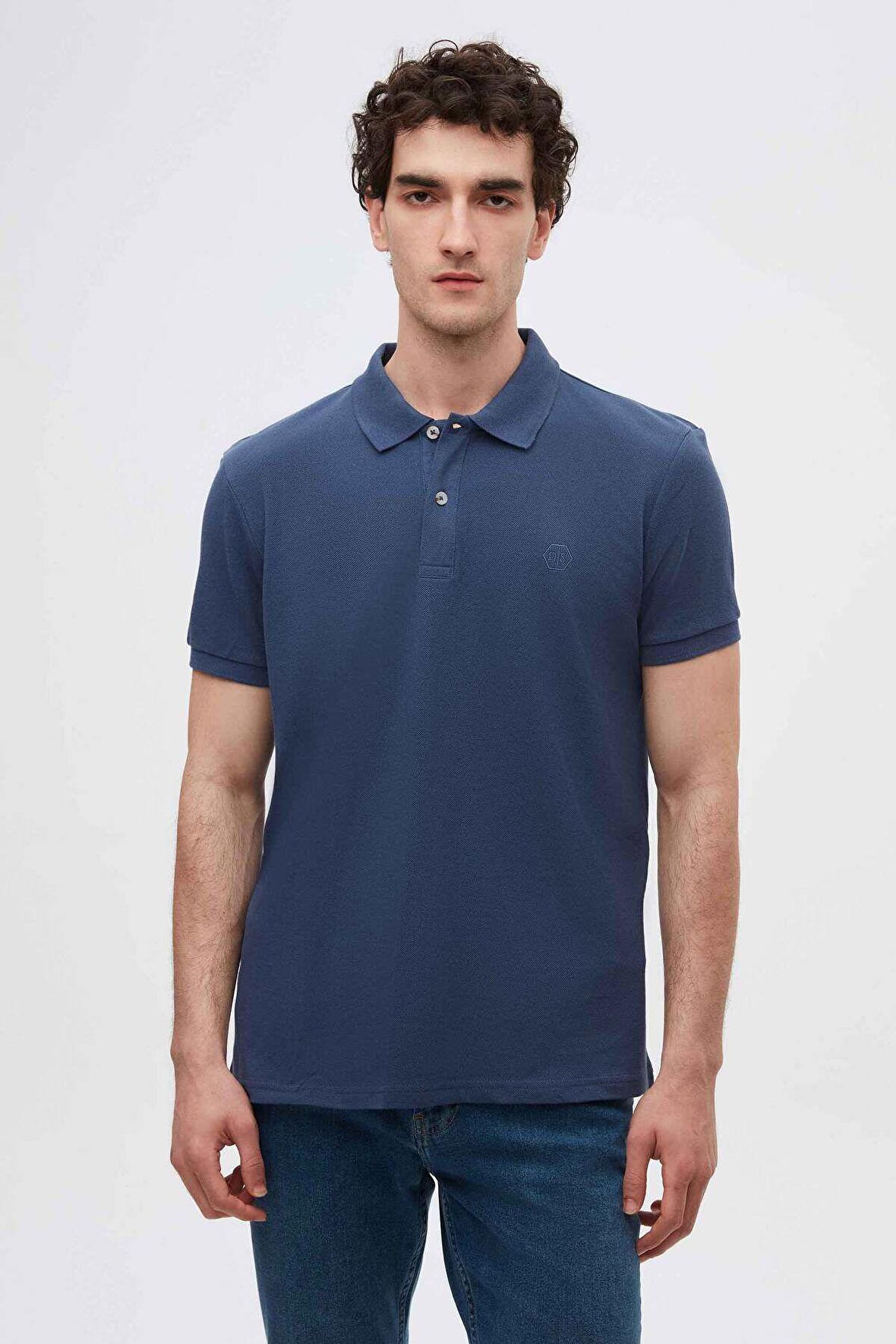 D'S Damat Regular Fit İndigo Pike Dokulu %100 Pamuk Kıvrılmaz Polo Yaka Nakışlı T-Shirt 4HC14ORT51000