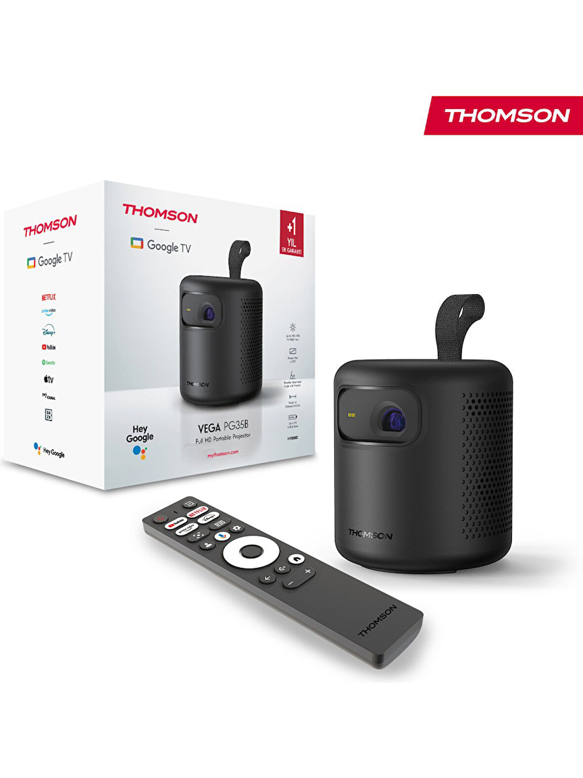 Thomson Vega FHD 4K Destekli 100" Dahili Bataryalı Taşınabilir Projeksiyon Cihazı Google Tv Sertifikalı 350 Ansı Lumen - PG35B