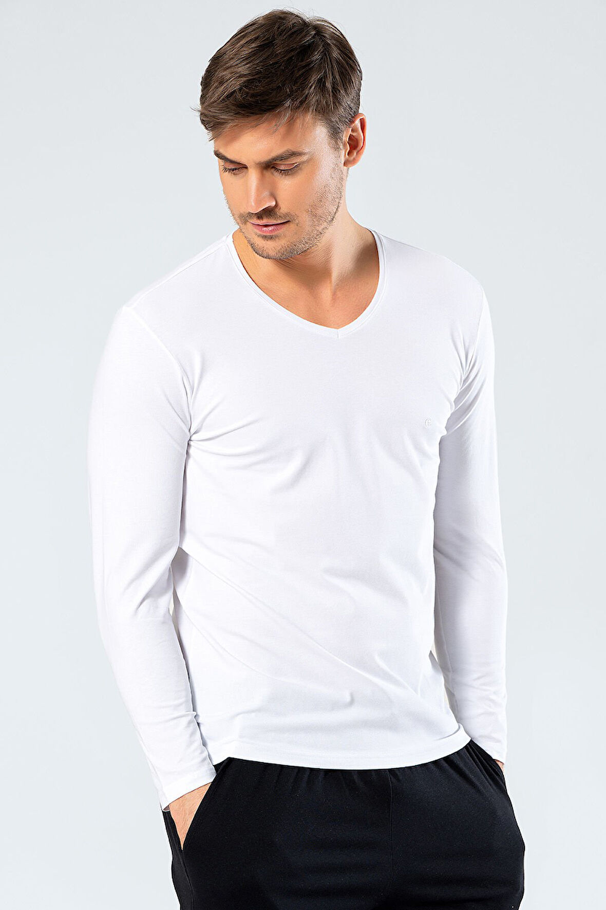 Cacharel Erkek V Yaka Uzun Kollu T-Shirt 1334/Beyaz