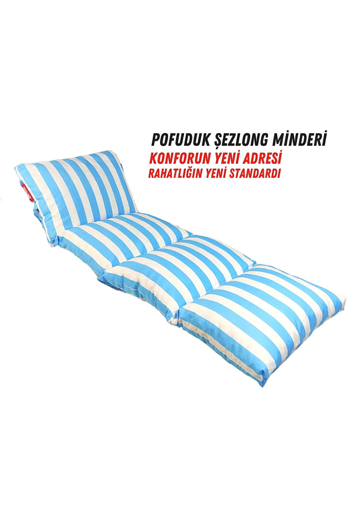 XPERMATE Pofuduk Şezlong Minderi 60x180x12Cm Su İtici,Katlanır,UV Güneş Dayanımı, Fermuar, Mavi Çizgili