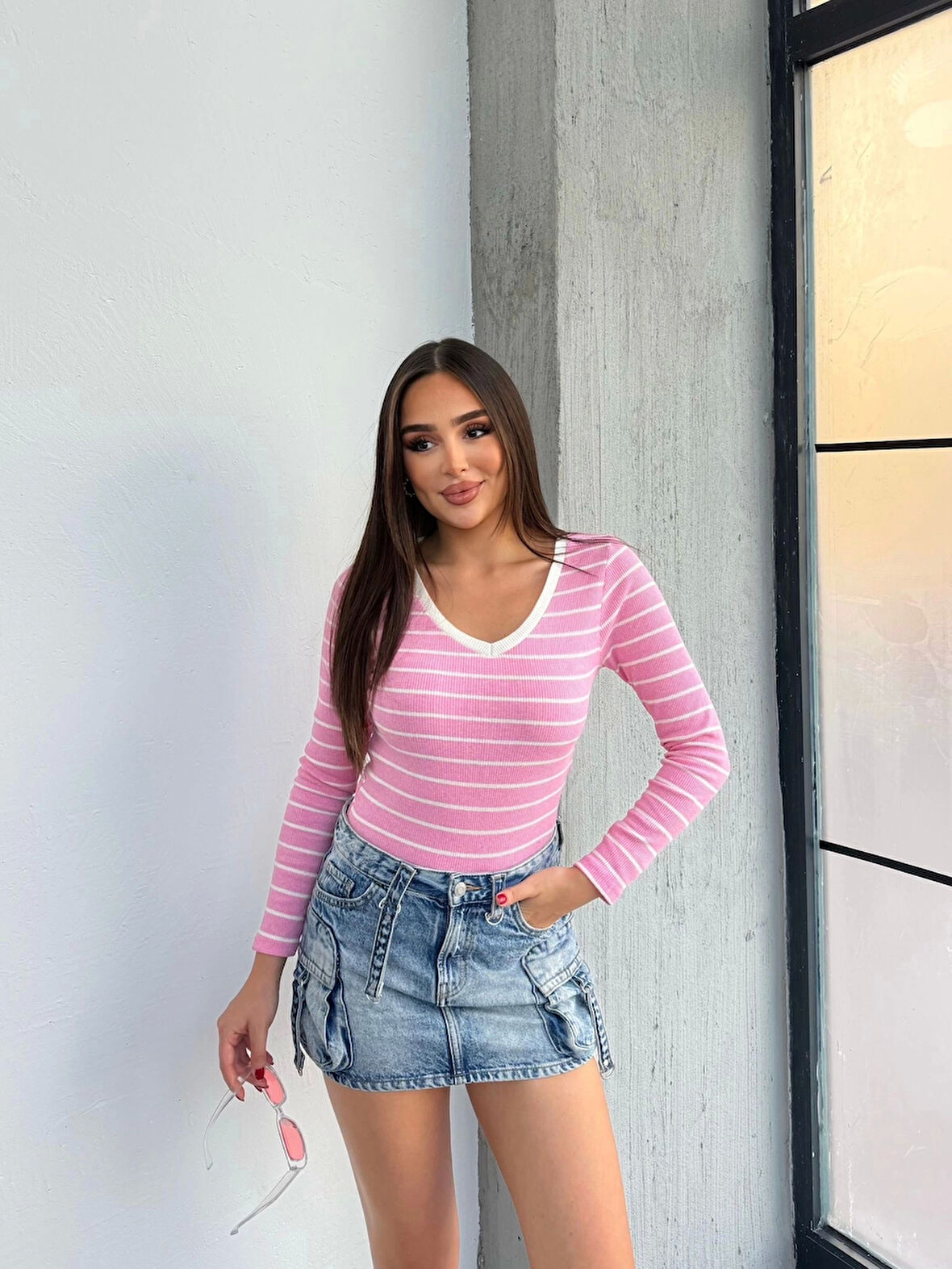 V yaka çizgili bluz pembe A3699